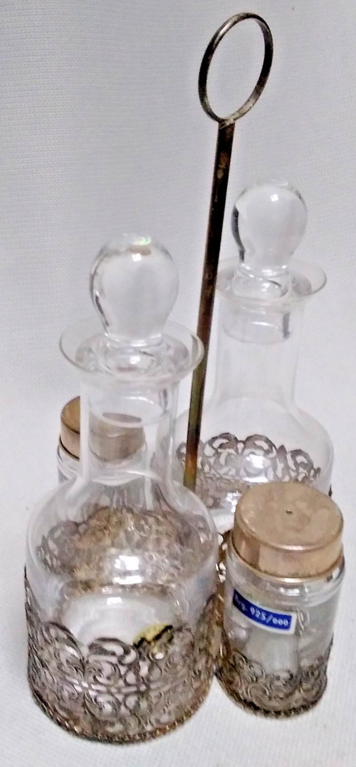 Italian 925 Cutout Sterling Silver and Fine Crystal Vessels Condiment Caddy