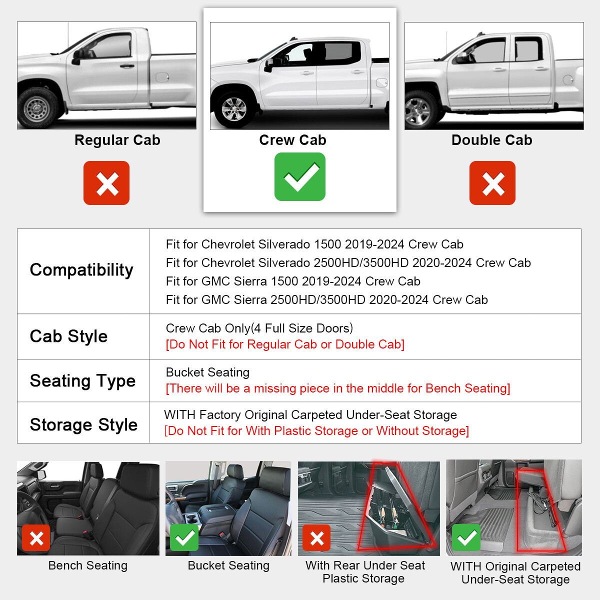 Floor Mat for GMC Sierra Silverado 1500 2500HD 2020 2021 2022 2023 2024 Liners