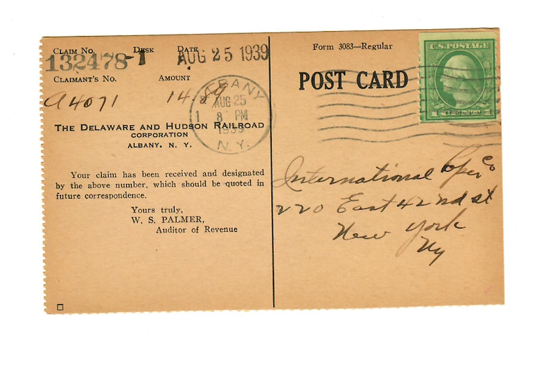 1939 Delaware Hudson Railroad Claim Card Albany-International Opera Co NY C098