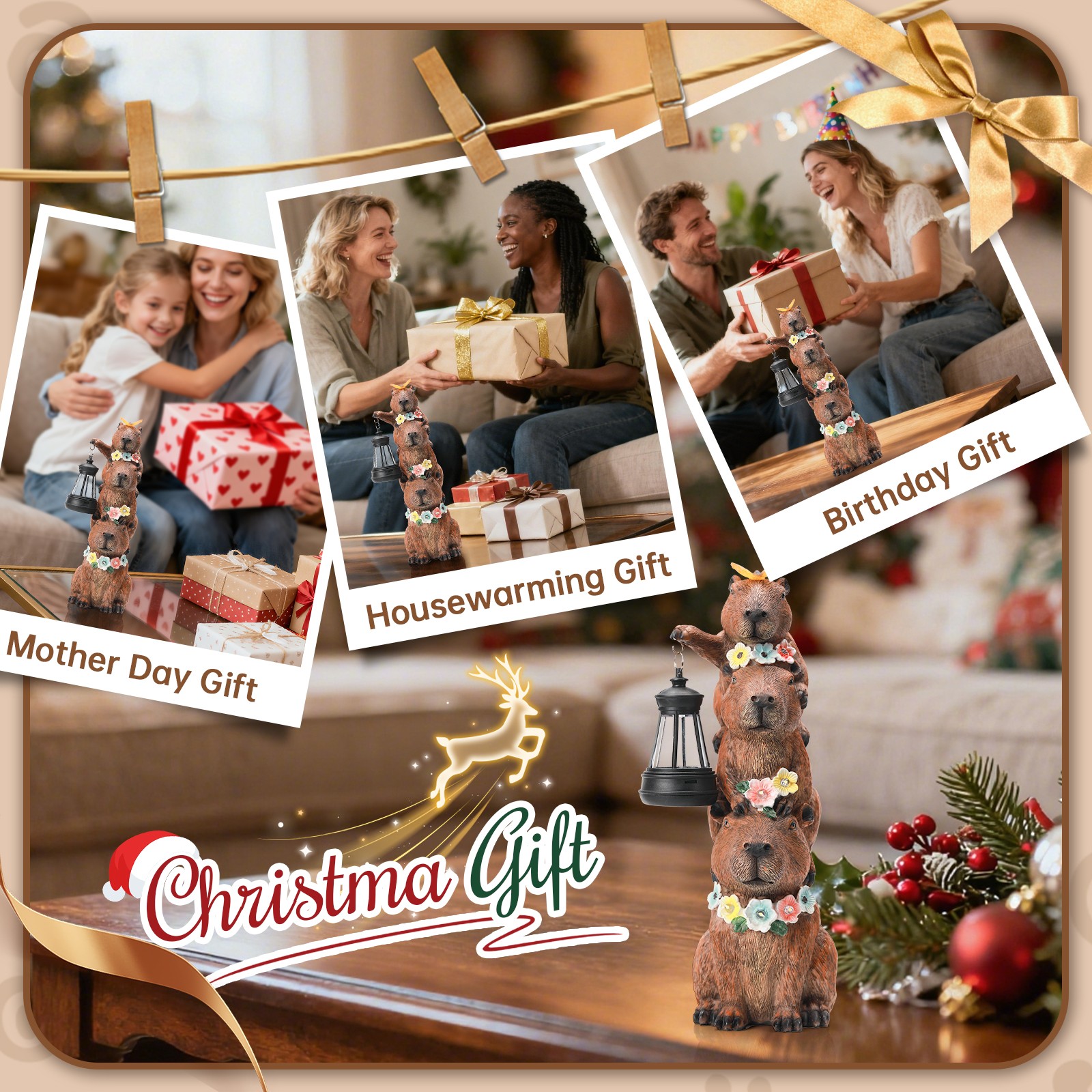 Solar-Powered Capybara Statue with LED Lights & Flowers - Outdoor Decor