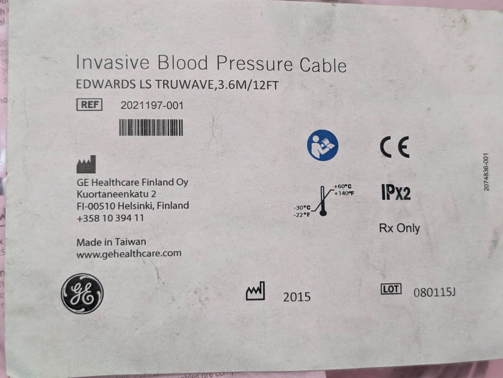 Lot of 2 GE Healthcare 2021197-001 Invasive BP Cables Edwards LS TruWave 12 ft