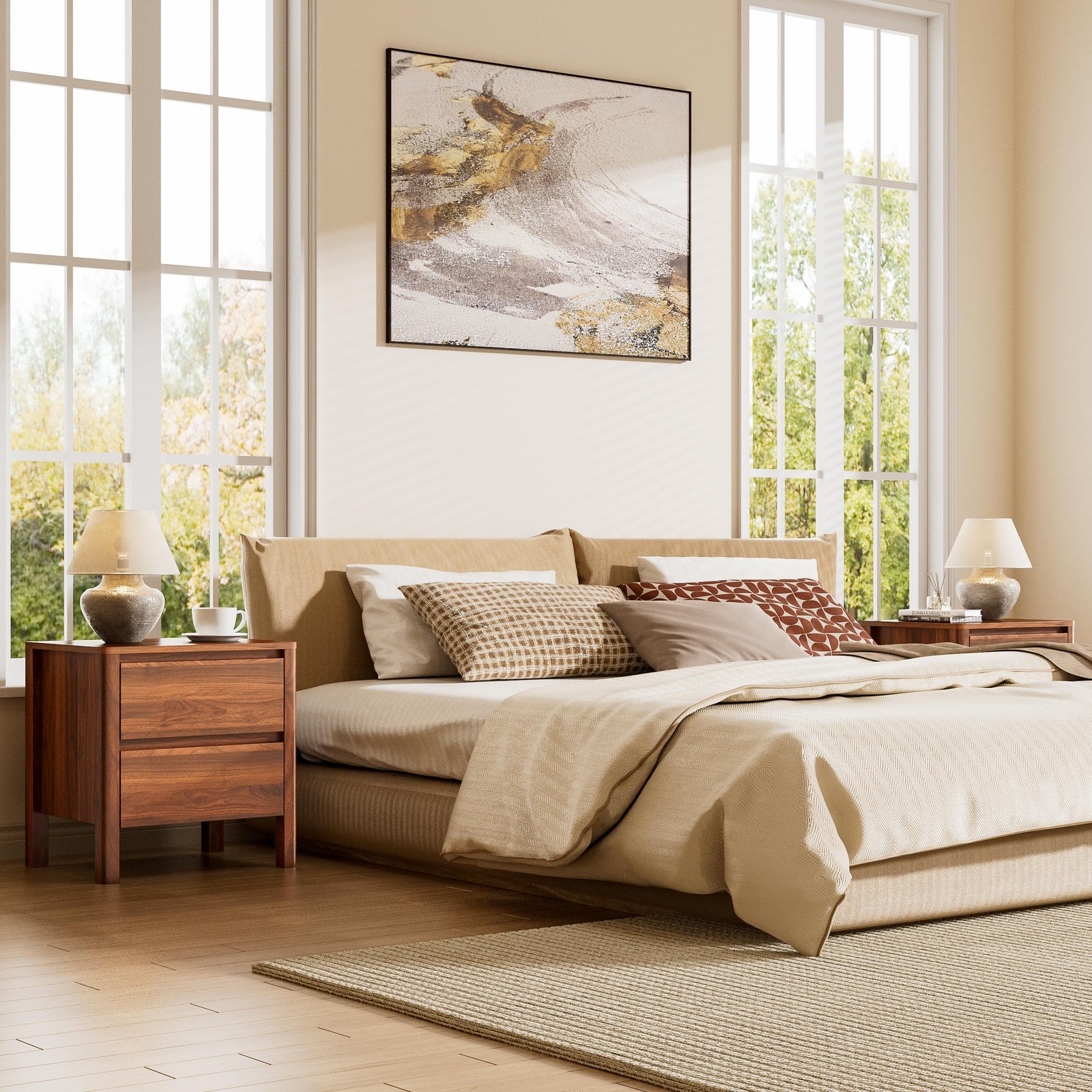 Mid Century Walnut Nightstand with 2 Drawers Modern Wooden Bedside Table