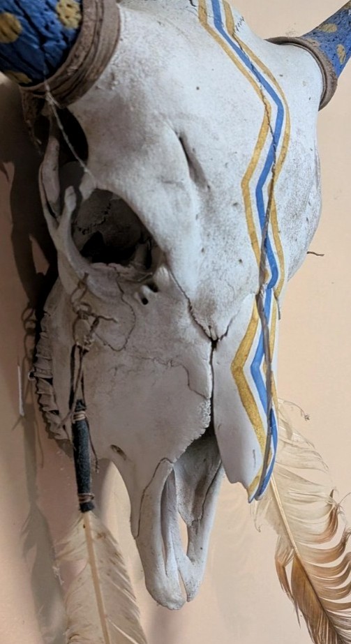 Native Hand Painted Buffalo Skull Blue And Yellow, Thunderbolts, Hung By Hyde