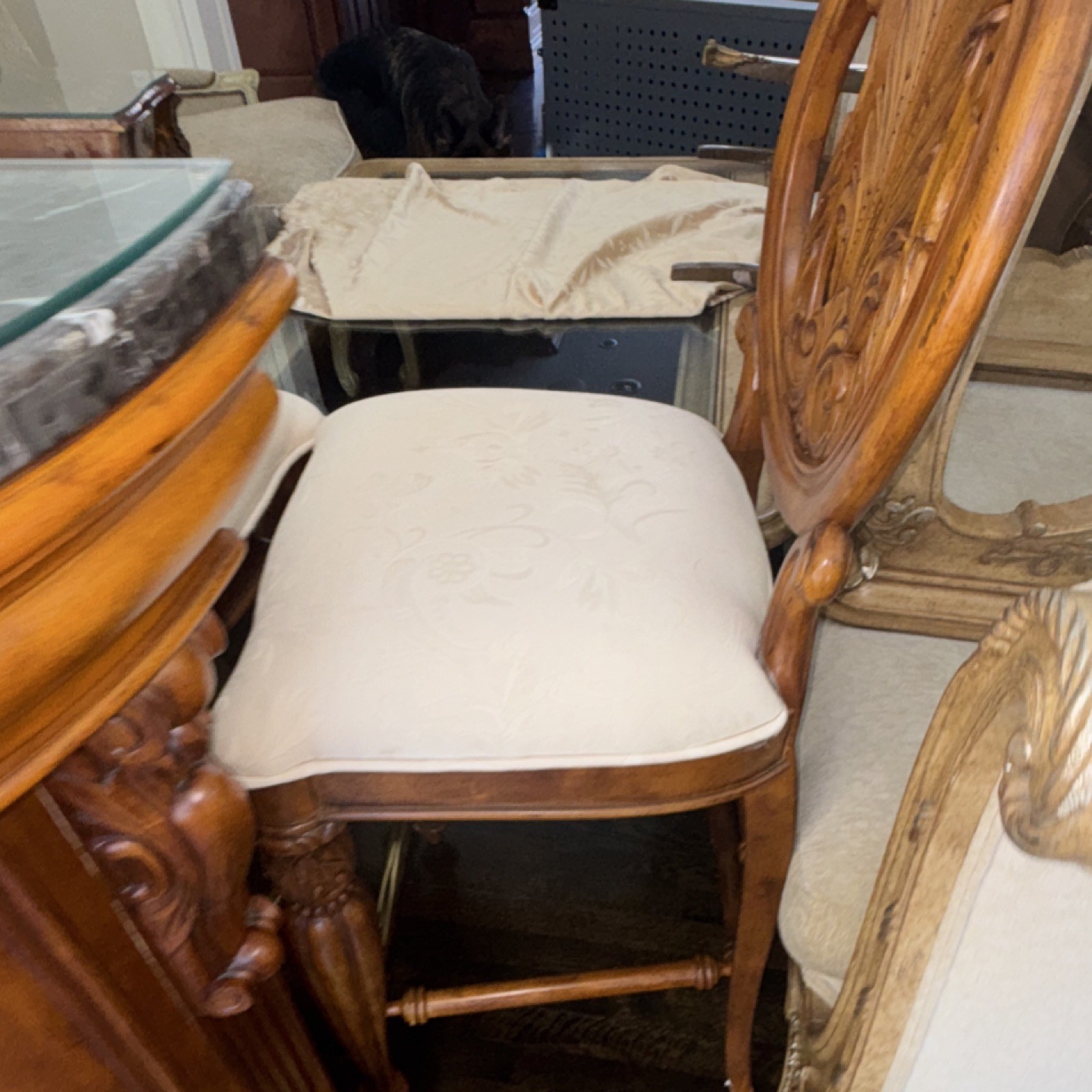 Pulaski Wood Bar Cabinet with Marble Top, Brass Handles, three bar stool’s