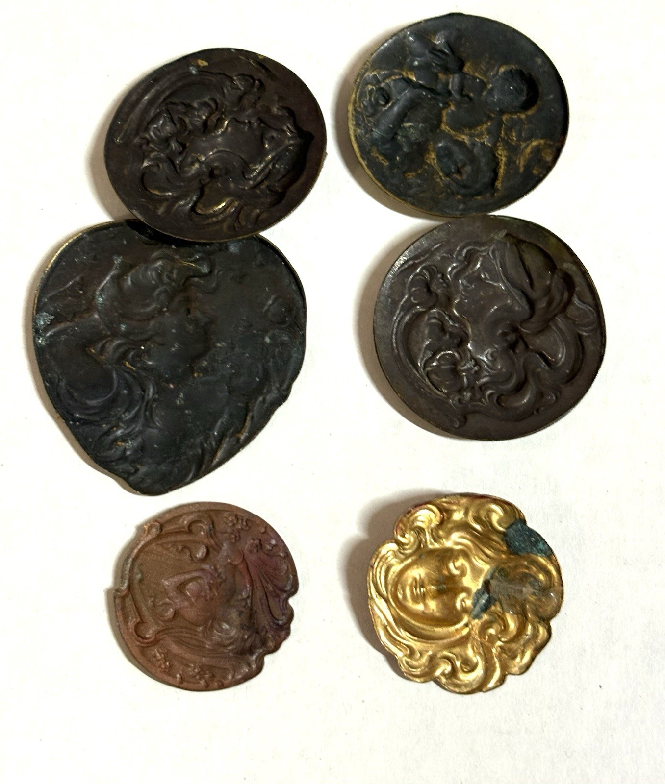 Lot ART NOUVEAU VINTAGE BRASS STAMPINGS NYMPH Ladies Cupid 6 Different Findings