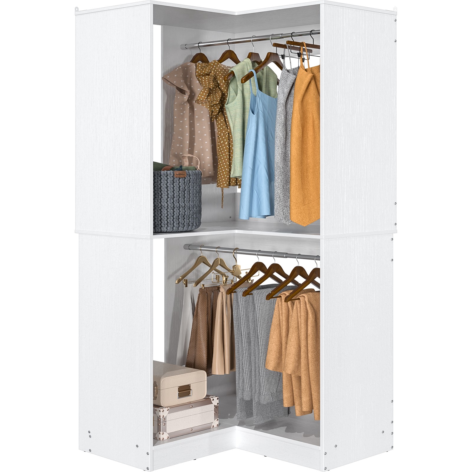32" Wide Wood Corner Closet Organizer System with 2 Hanging Rod & Storage Shelve