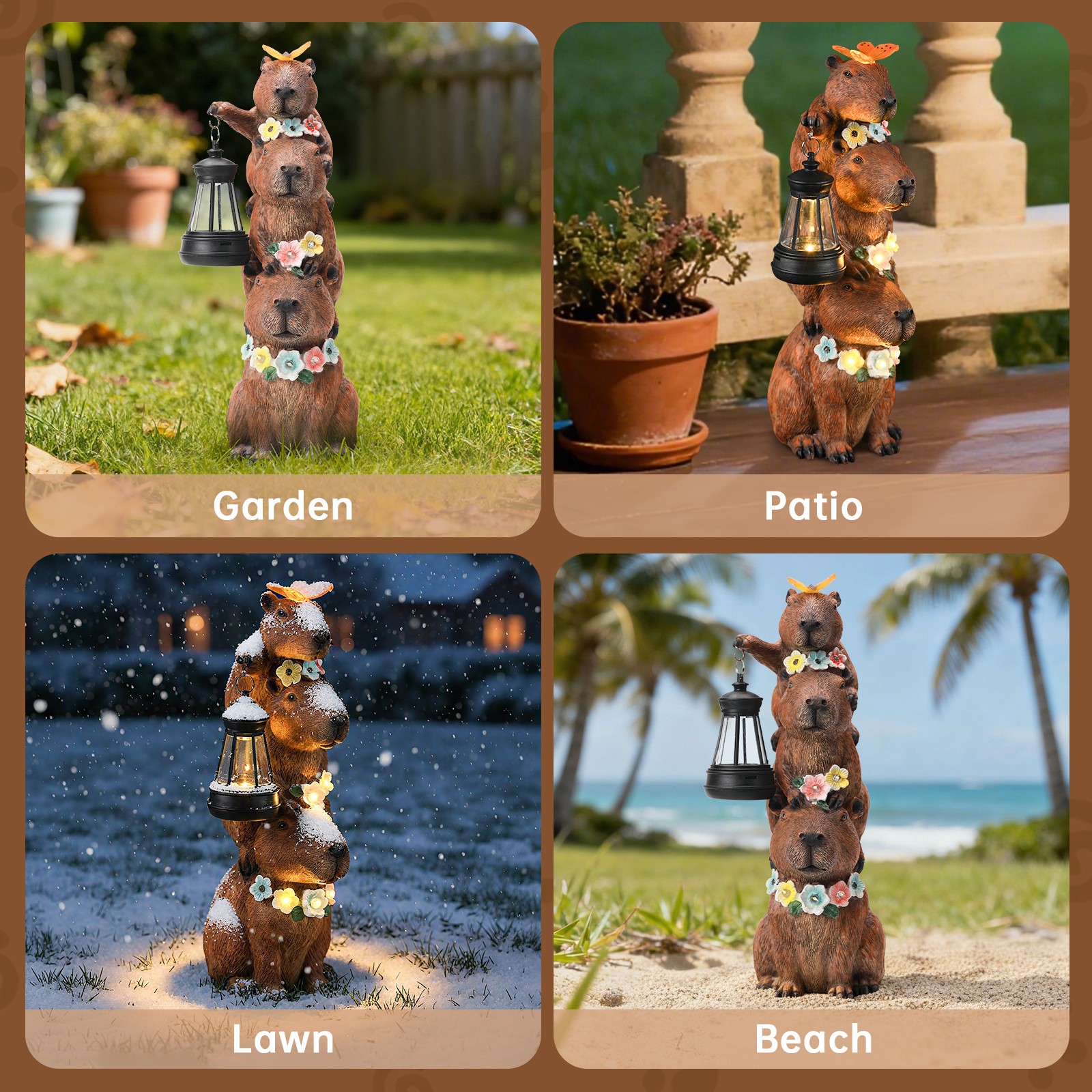 Solar-Powered Capybara Statue with LED Lights & Flowers - Outdoor Decor