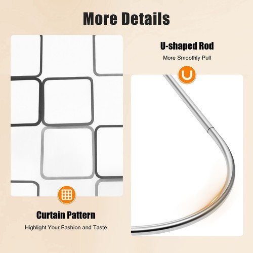 Stainless Steel U Shaped Shower Curtain Rod Adjustable w/ 9.8ft*6.6ft Curtain