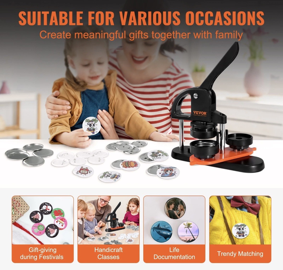 Button Maker Machine, 2.28 inch/58mm Pin Maker with 100pcs Button Parts, Ergono