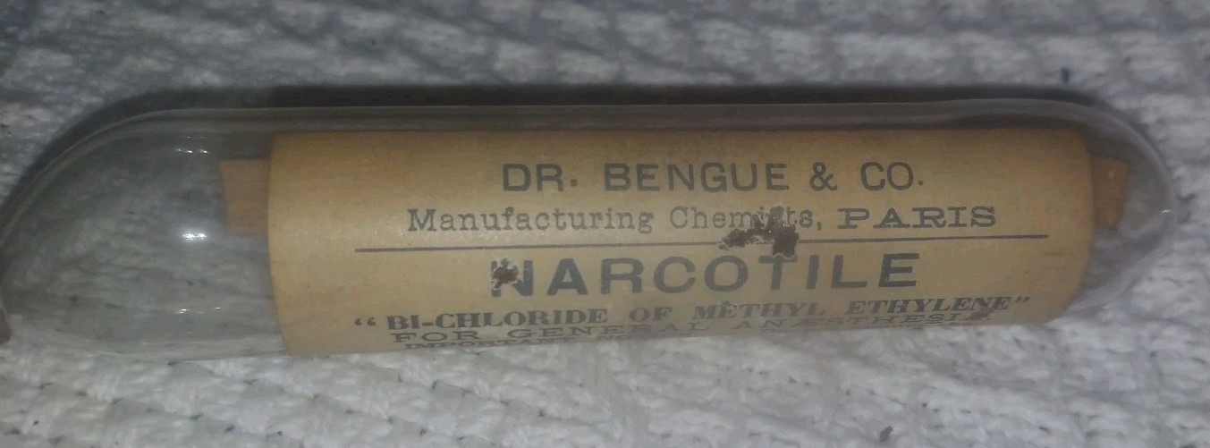 Antique Dr. Bengue Narcotile Ethyl Chloride Glass Ampoule