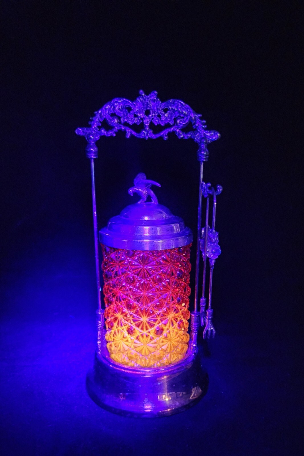 Antique Victorian Amberina Glass Daisy Button Pickle Castor Ornate Eagle Finial