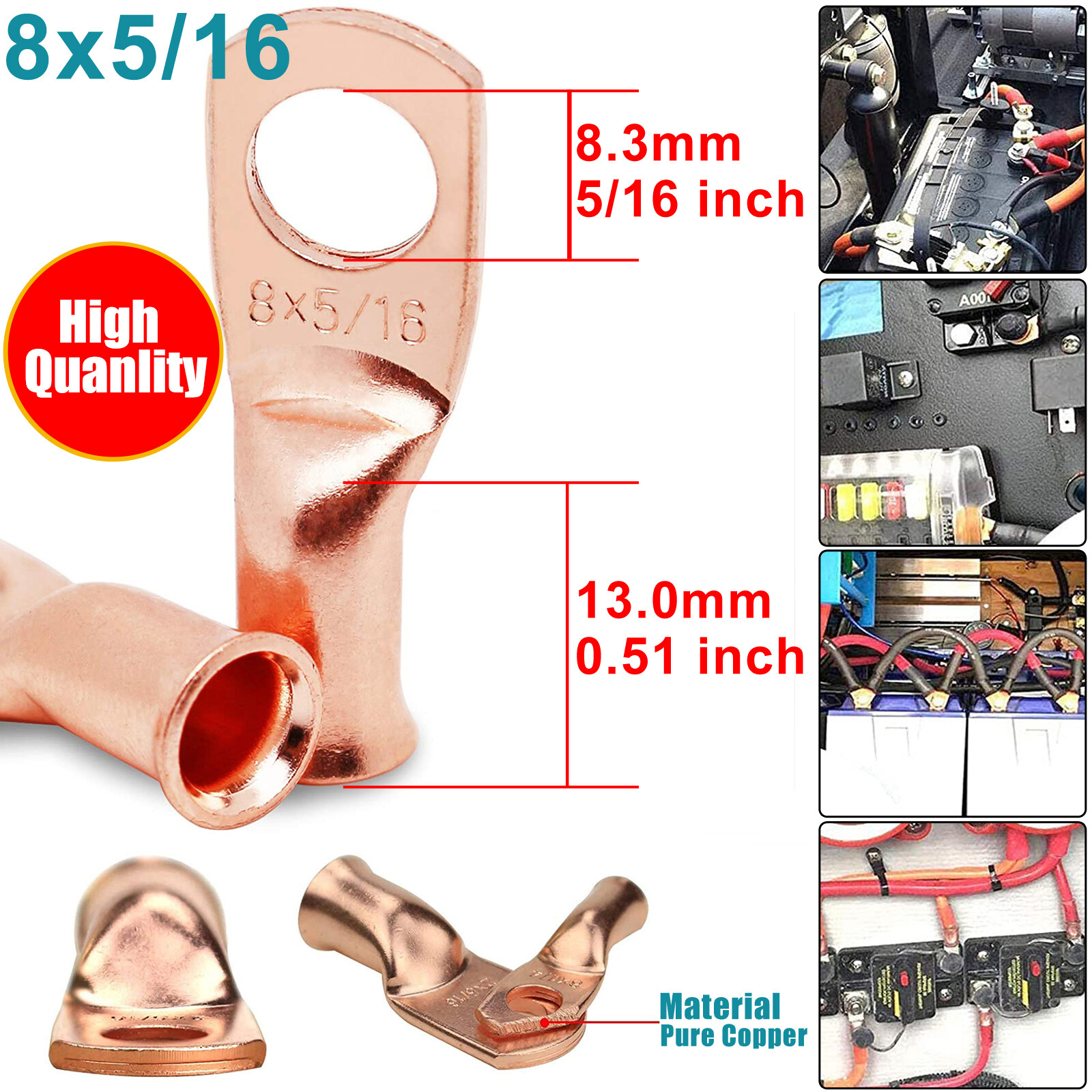 Bare Copper Cable Wire Lugs Ring Terminals 8-4/0 AWG Battery Wire Welding Cable