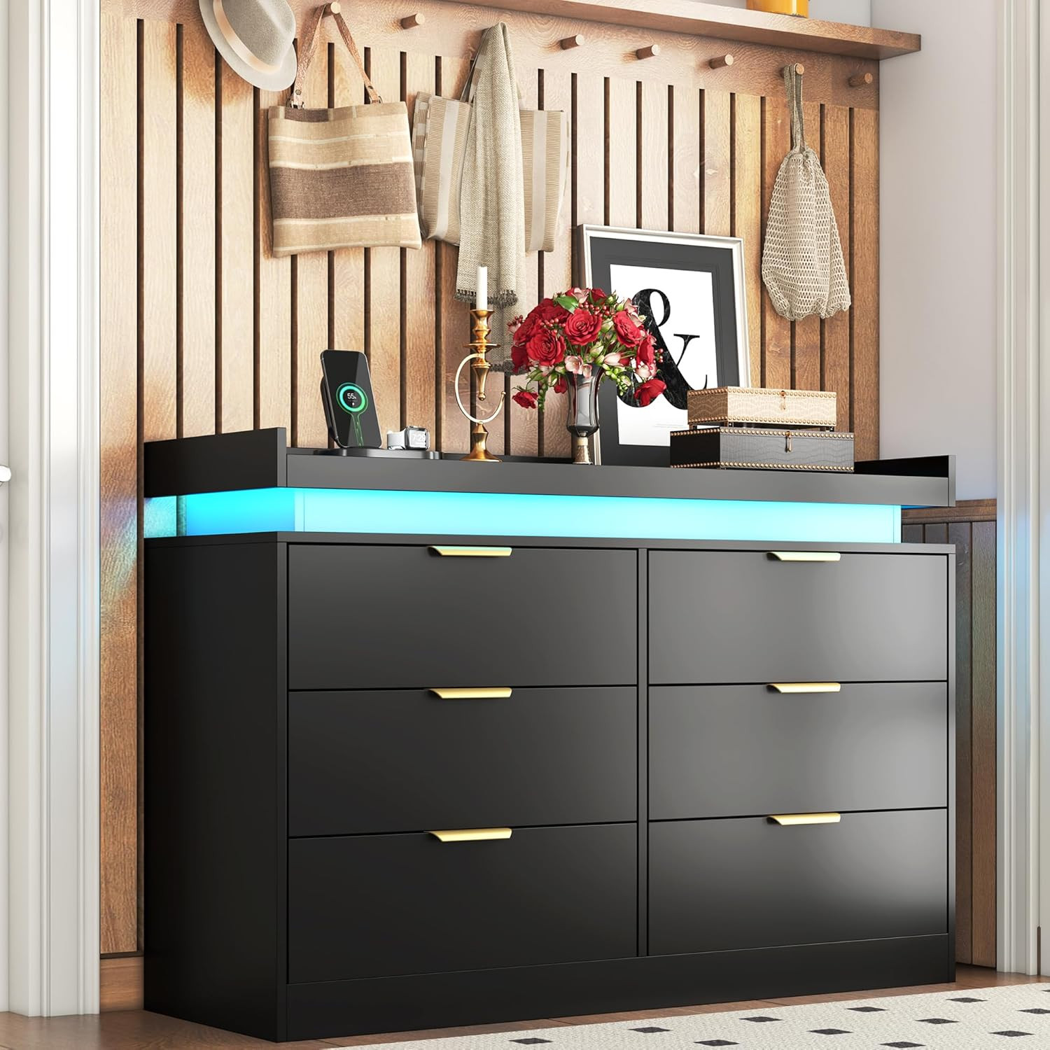 6 Drawer Dresser for Bedroom, Black Dresser with LED Lights and Power Outlet, Mo