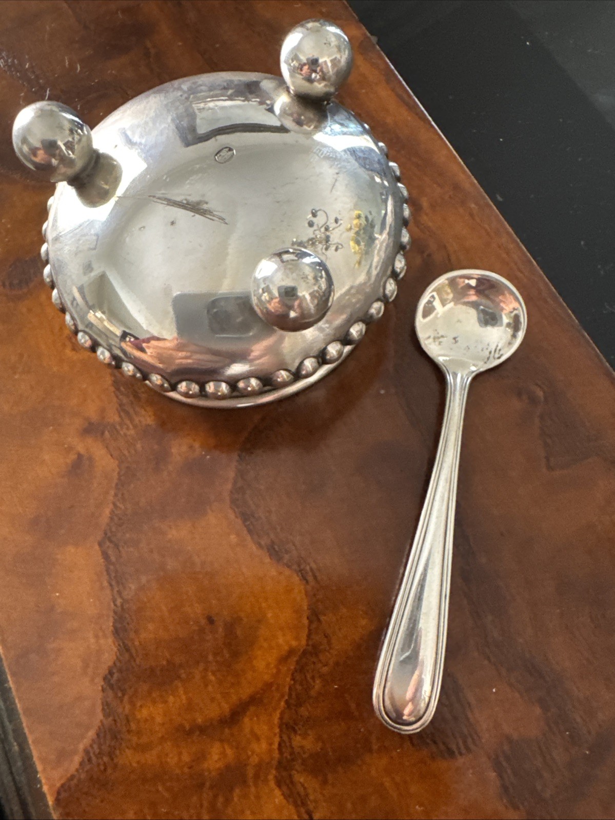 Silver Salt Cellar Beaded Rim ,Ball Footed With Sterling Salt Spoon