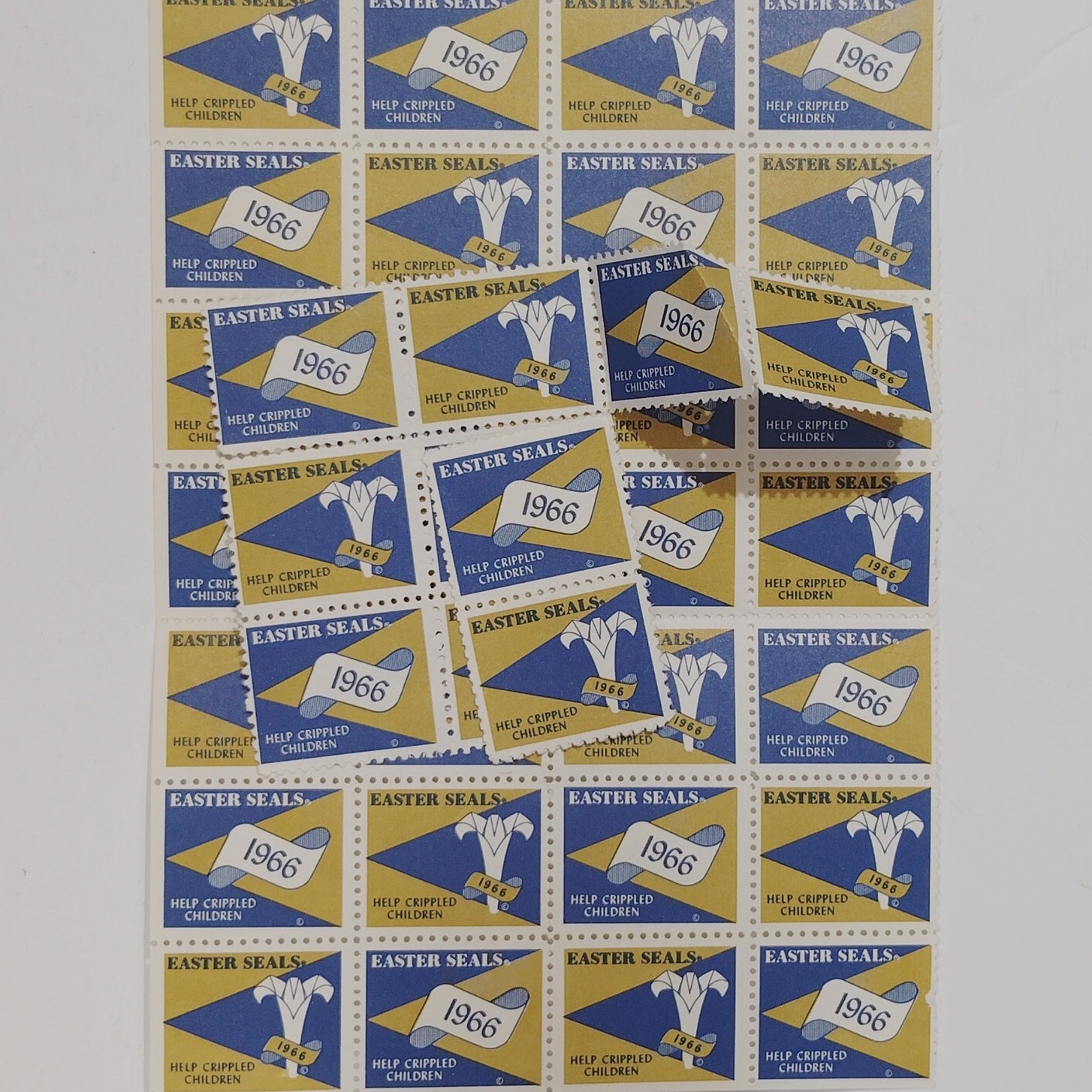 1966 Easter Seals , 40 CT, Cinderella Fundraising Labels, Blue & Yellow Lillies