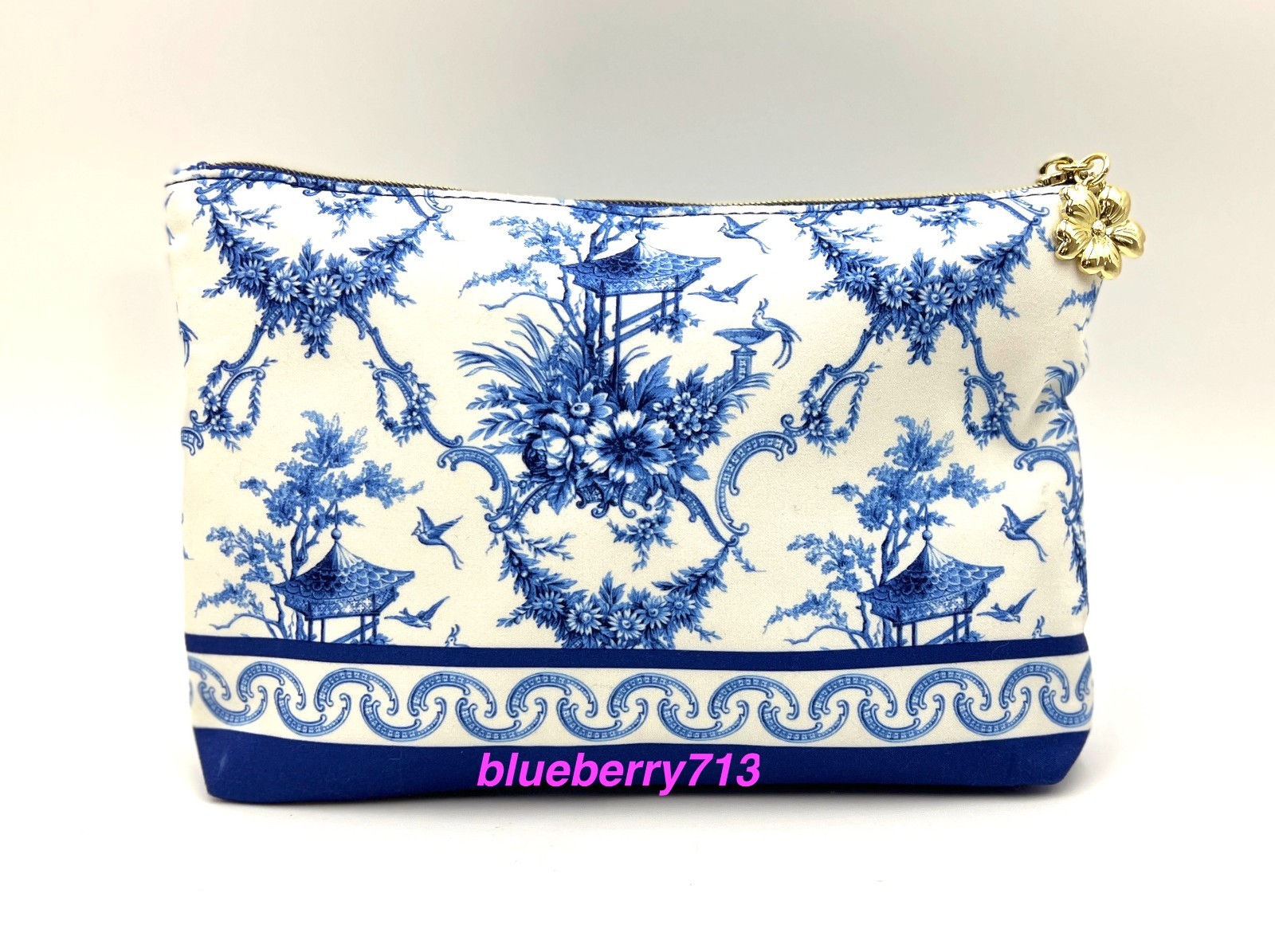 2 Bags: Estee Lauder Blue Flower , Bird Print Makeup Bag with Zipper