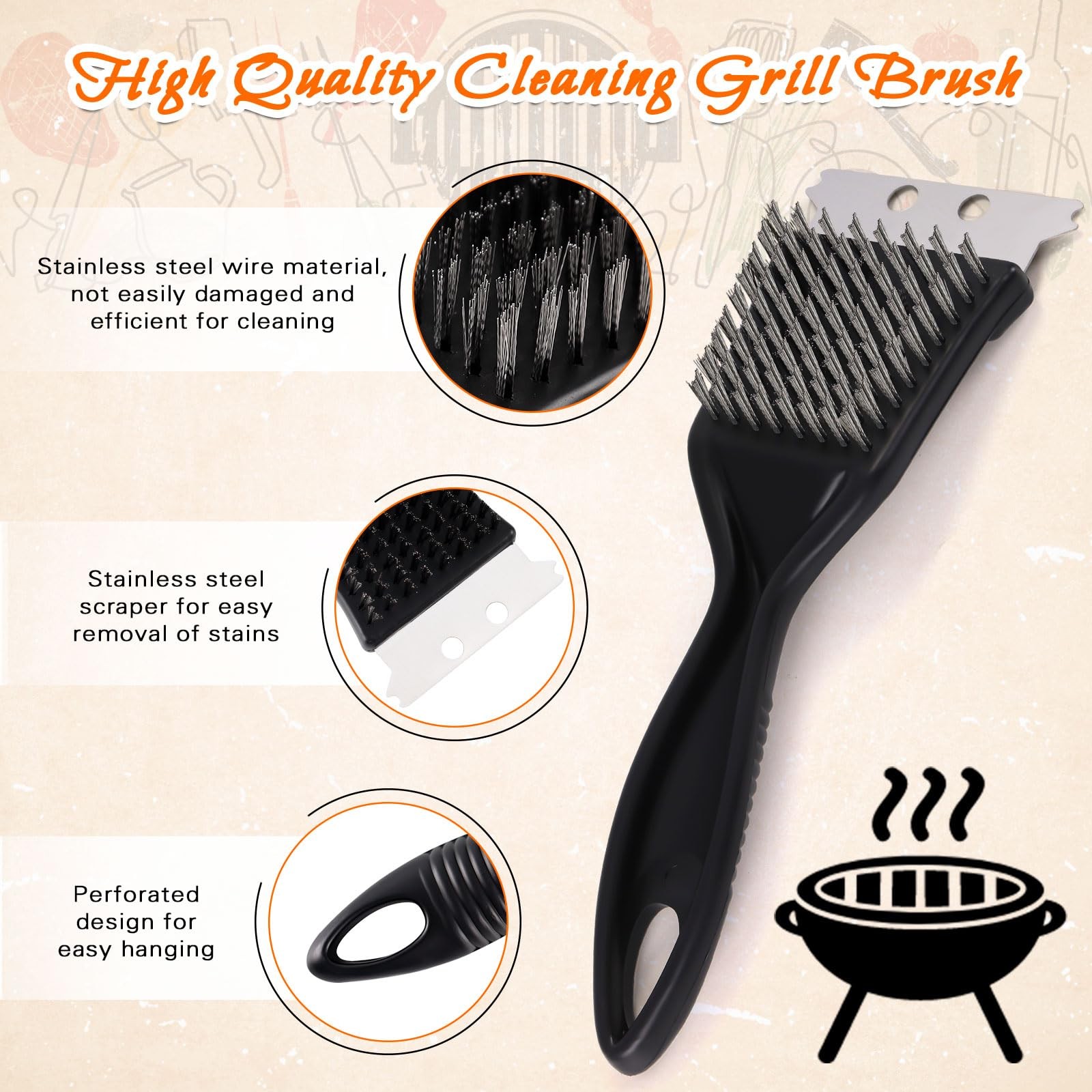Stainless Steel BBQ Grill Brush and Scraper Set for Outdoor Grill