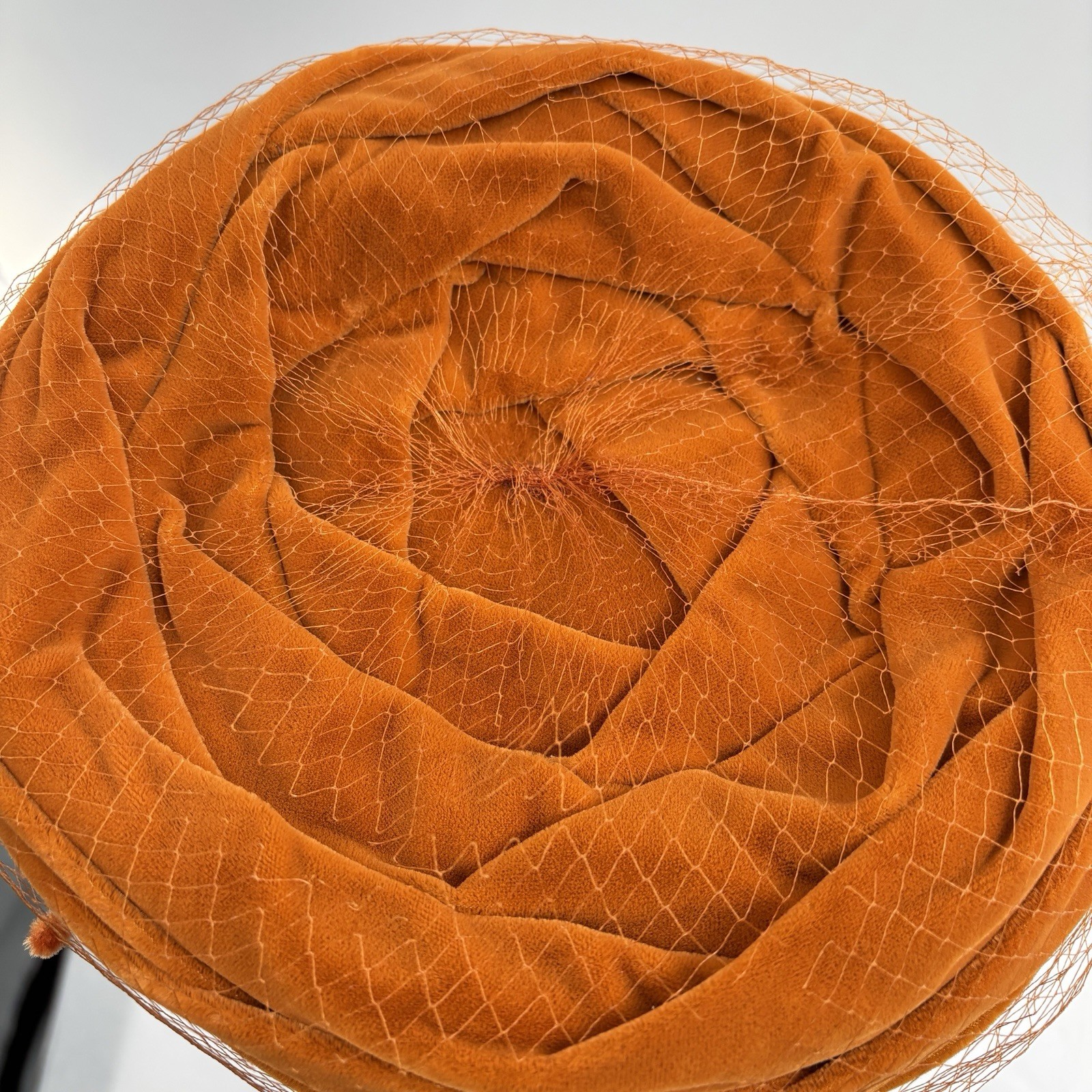 Vtg 60s Lucile Mendez Orange Velvet Hat Veil Pillbox Cocktail Mod Turban