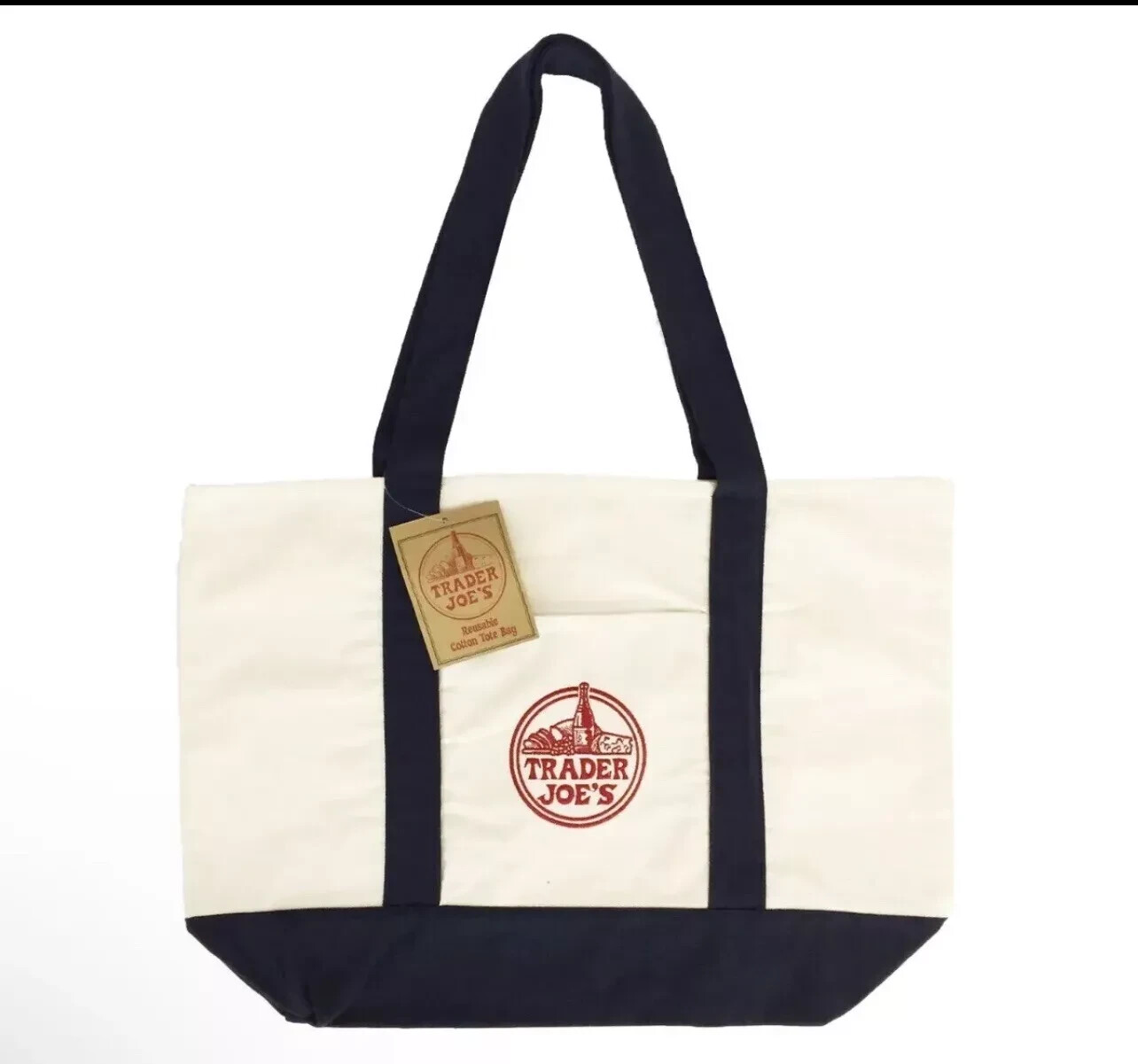 Trader Joe’s Reusable Heavy Cotton Canvas Shopping Bag, Off White & Navy, Large