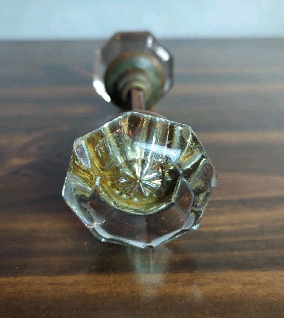 8 Point Crystal Glass Door Knob Set W/ Brass Hardware Spindle Art Deco Antique