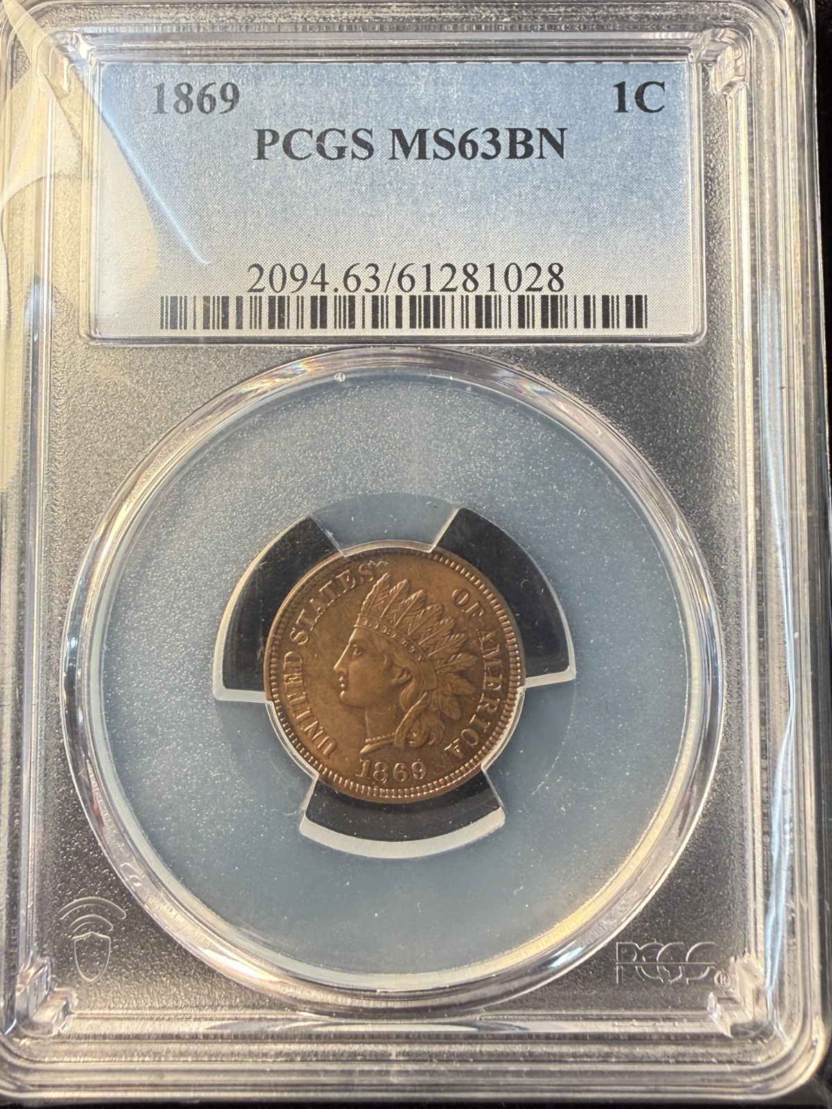 1869 Indian Head Cent, MS63BN PCGS, (14941)