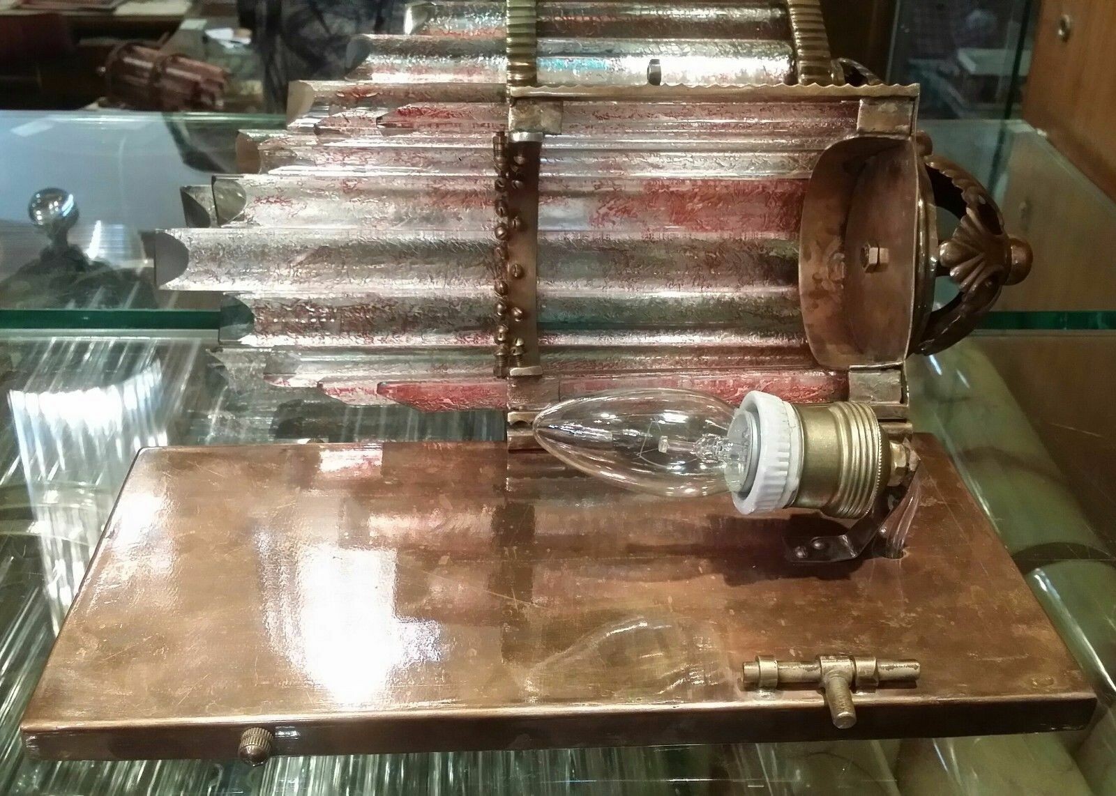 PAIR SKYSCRAPER ART DECO METRO LIGHT WALL SCONCES COPPER CAMEO GLASS SHIP LAMP