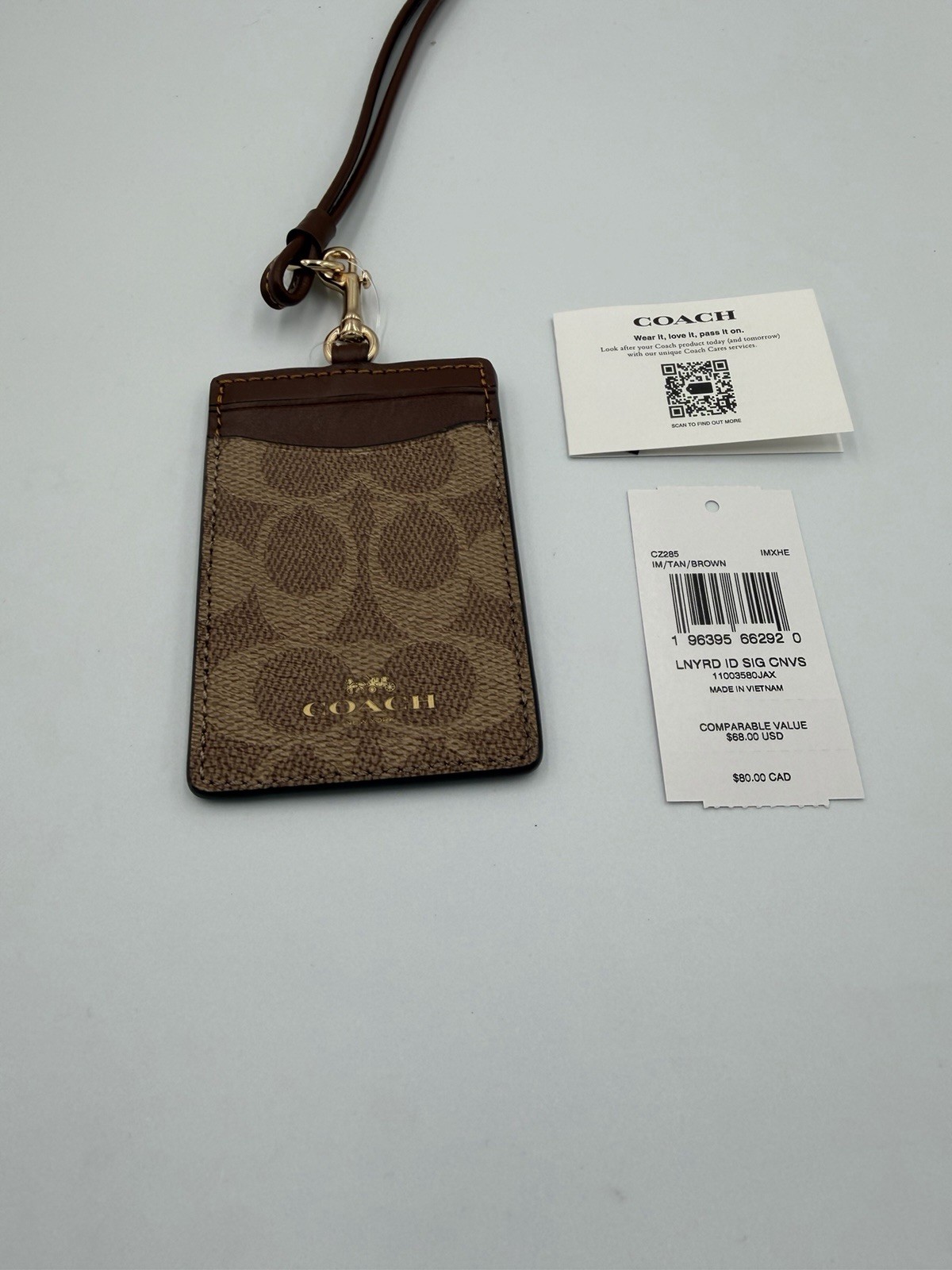 New COACH ID Lanyard Signature Canvas Leather Tan/Brown CZ285