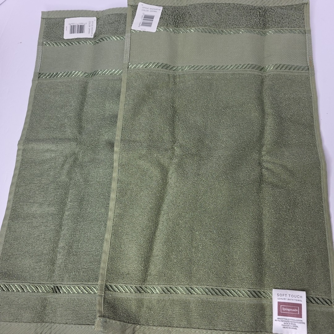 Springmaid Soft Touch Hand Towel Sage Green Satin Embellishment Lot Of 2