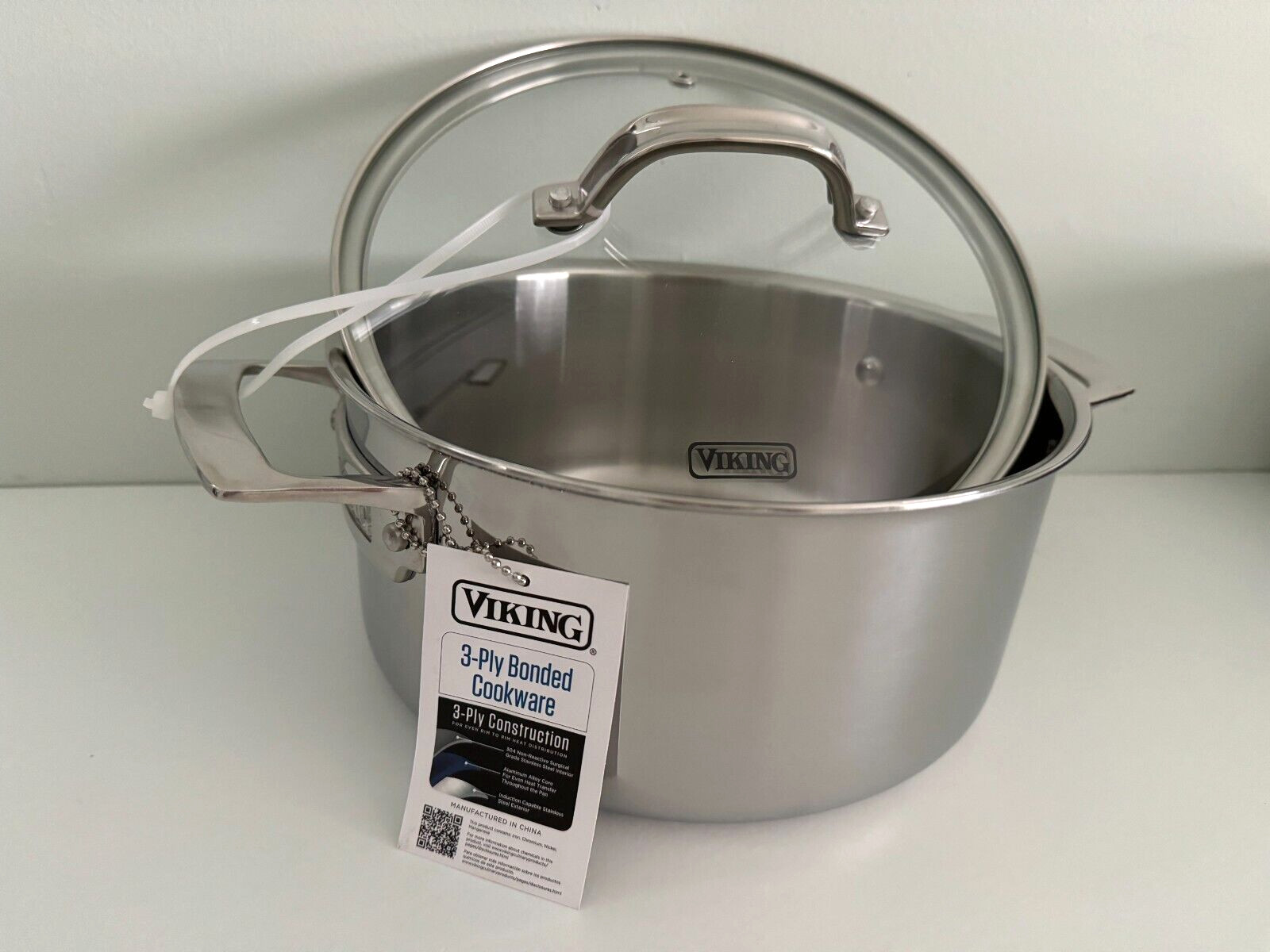 New VIKING 3-PLY STAINLESS STEEL SOUP POT WITH GLASS LID 4QT/3.8L 4 QUARTS
