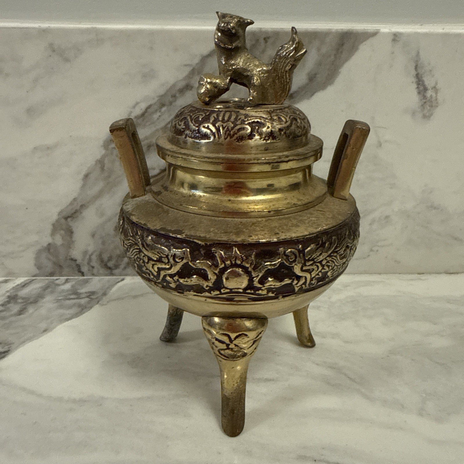 Old Chinese Metal Censer Foo Dog Dragon Motif Estate Find