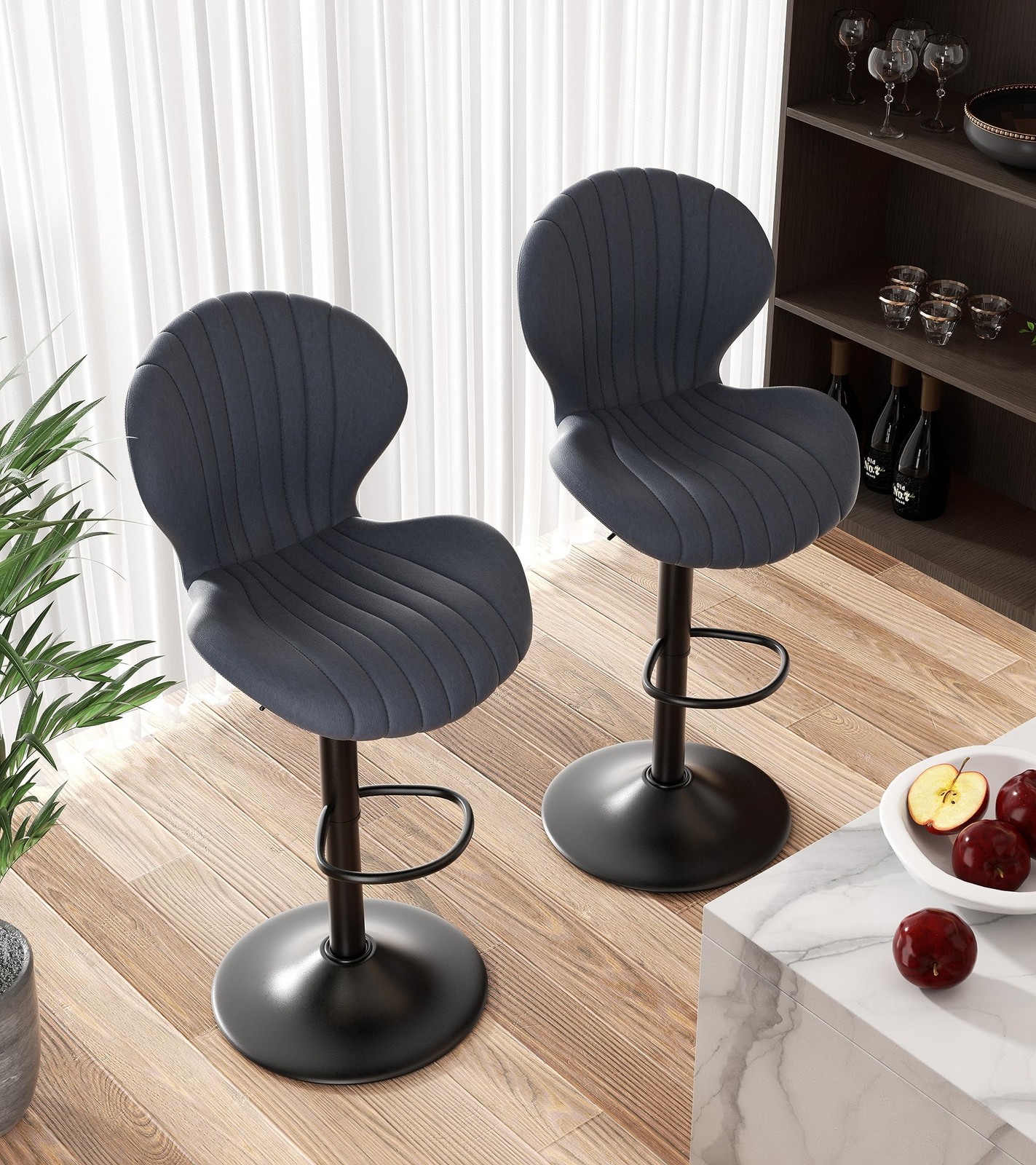 Modern Fabric Upholstered Bar Chairs Set of 2 Adjustable Swivel Dark Grey