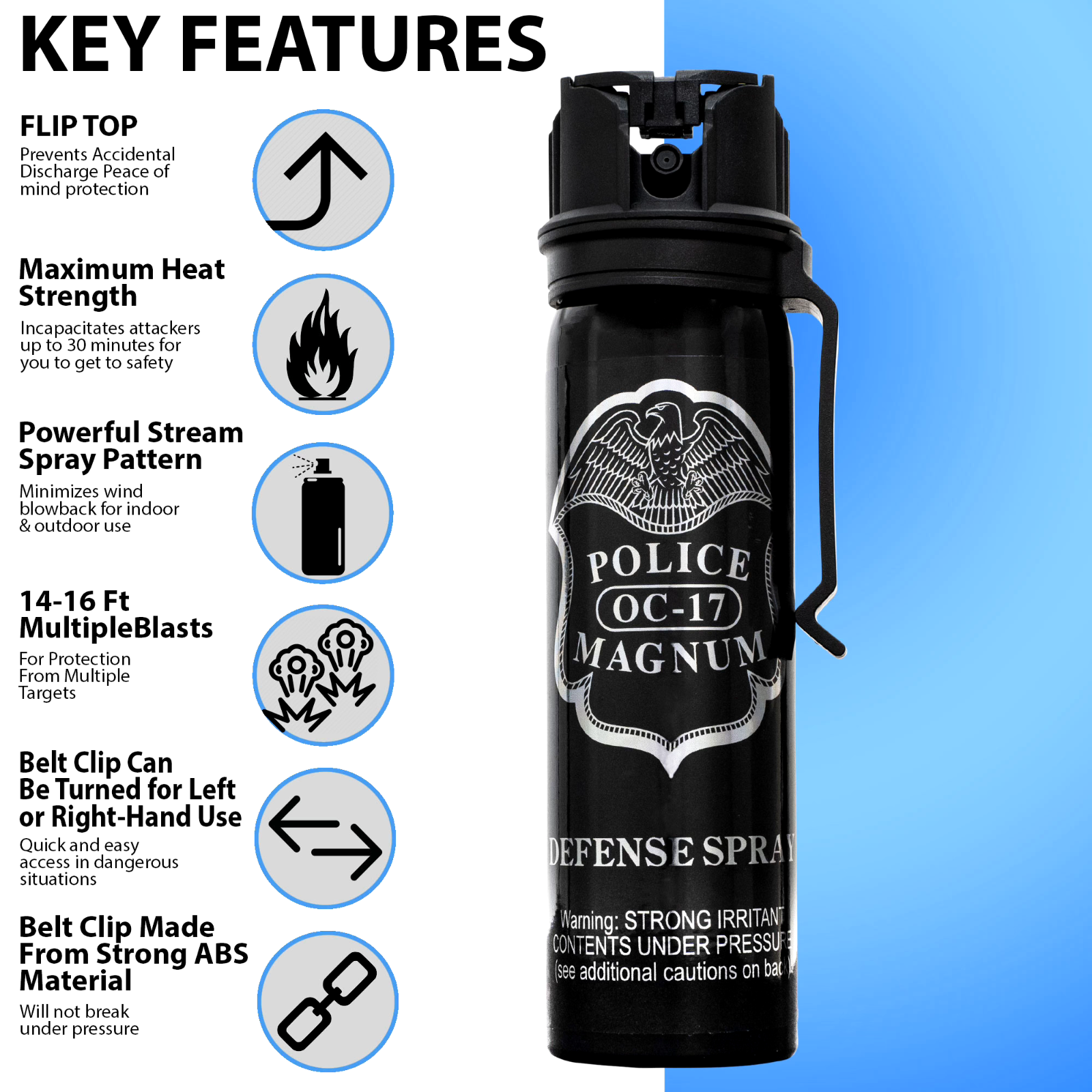 POLICE MAGNUM Pepper Spray 4 oz Ounce Safety Flip Top Belt Clip FREE 1/2oz Spray