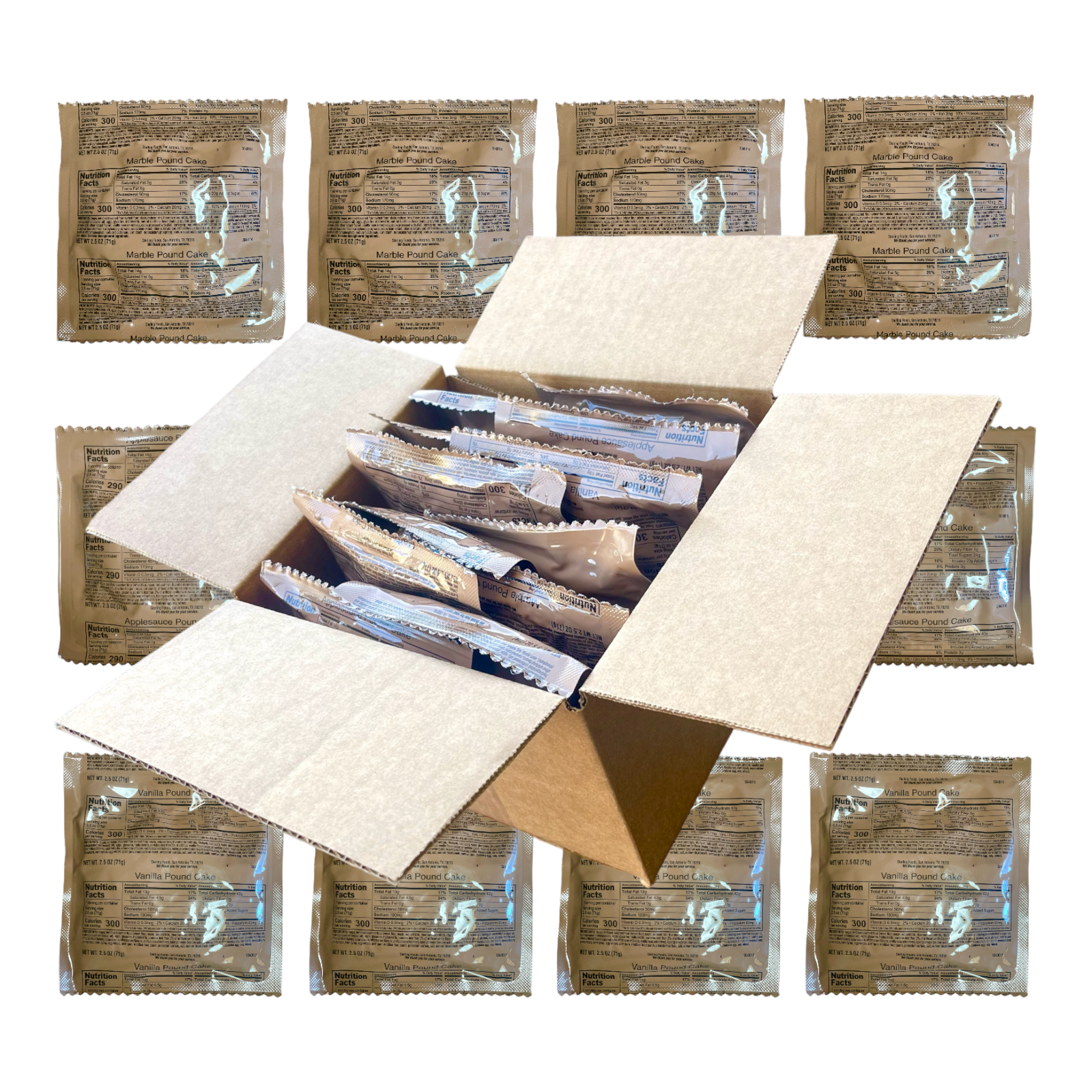 Military MRE Pound Cake Variety Pack: Vanilla, Marble, Applesauce.