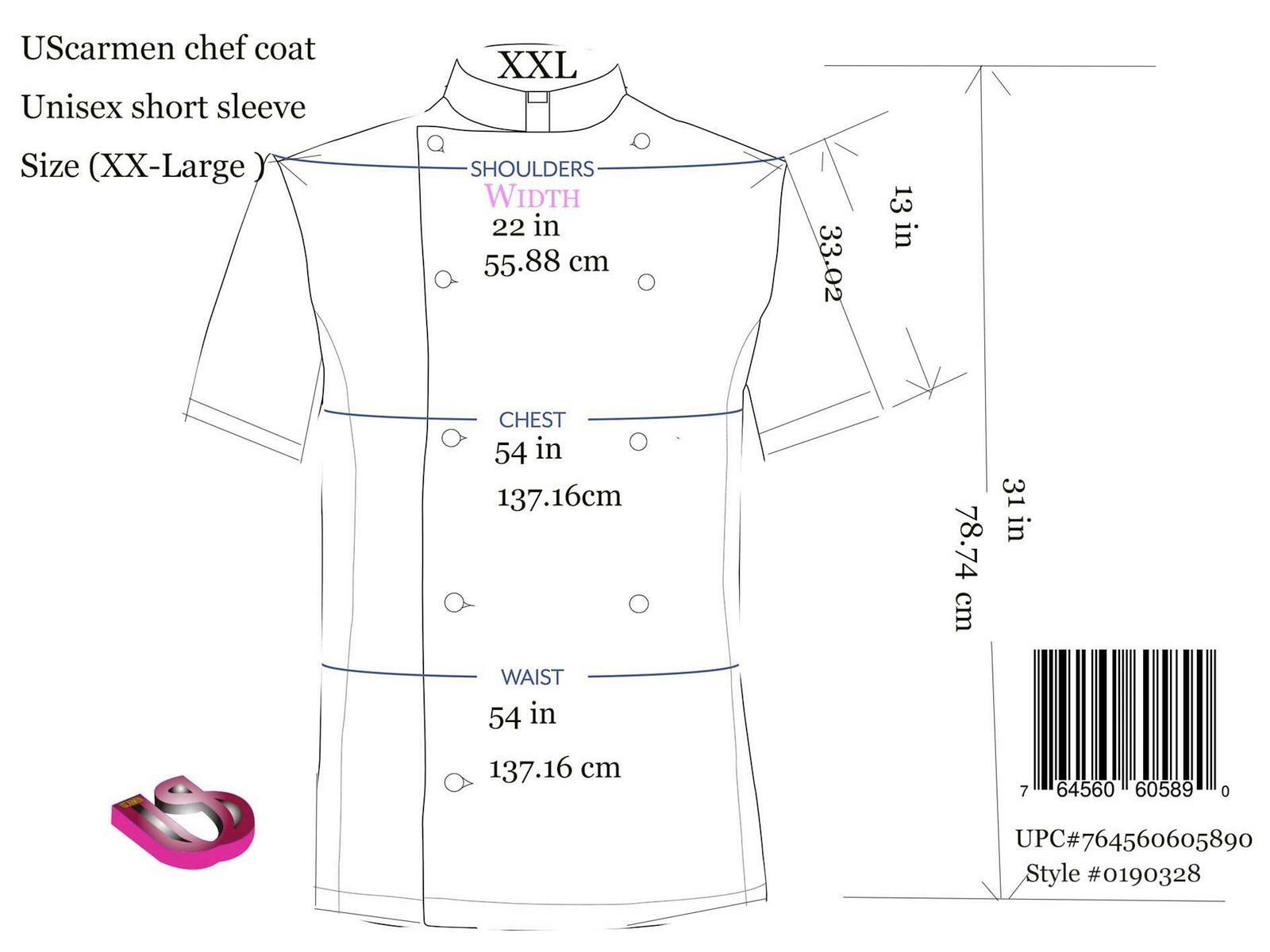 UScarmen Unisex Classic Short Sleeve Chef Coat Jacket 0190328 White Black