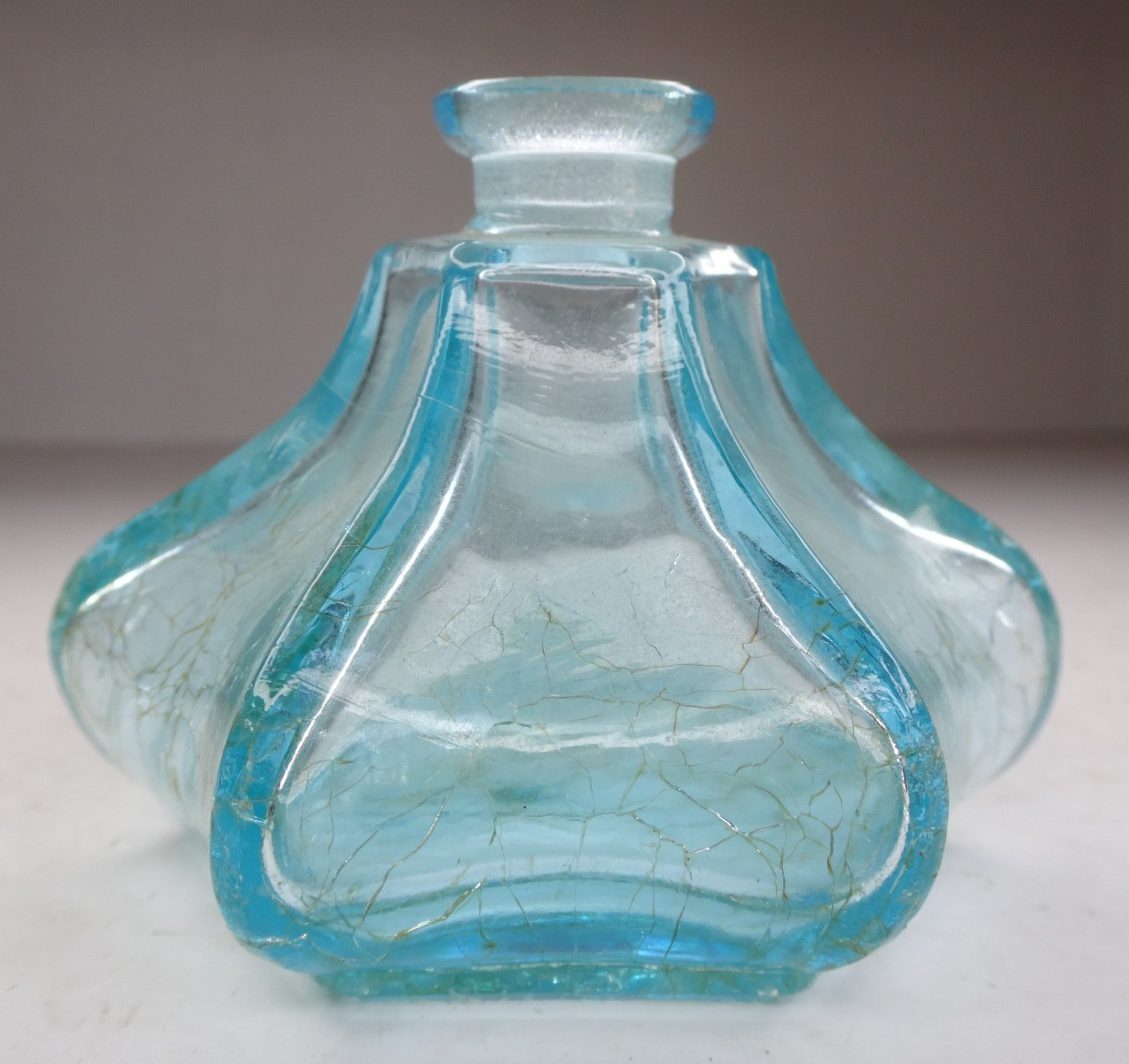 Antique Aqua Blue Green Inkwell Pressed Glass Bottle 6 Side UNUSUAL Shape