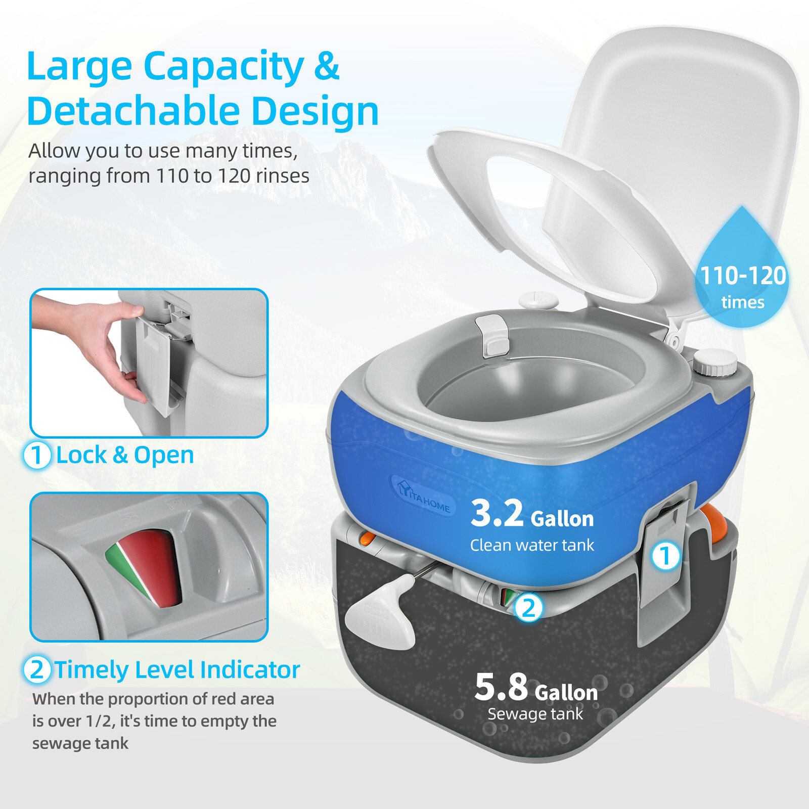 5.8 GAL Portable Toilet Outdoor Camping Travel Mobile Flush Porta Commode Potty