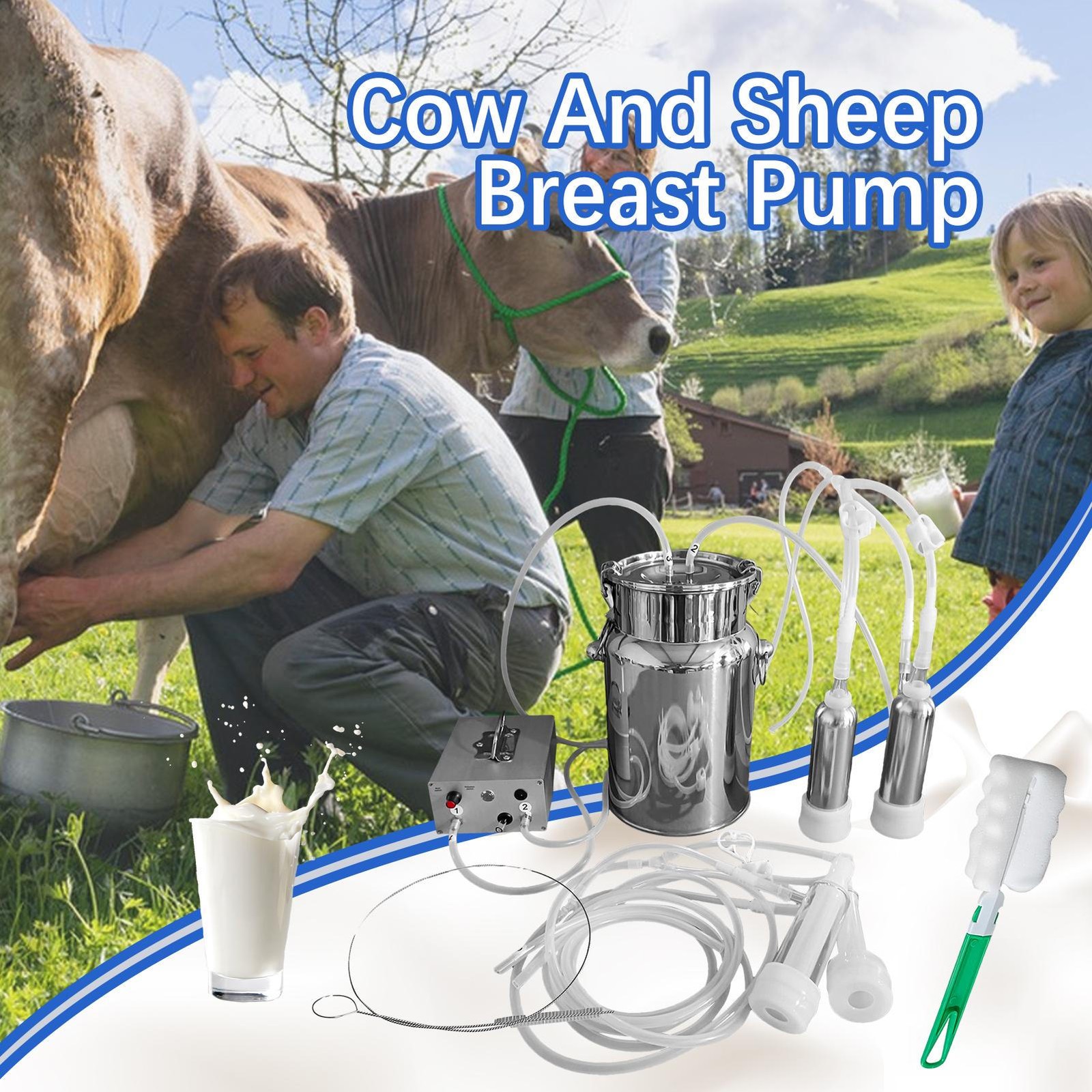 7L Portable Electric Dual Head Sheep Goat Milking Machine Cow Milker Vacuum Pump