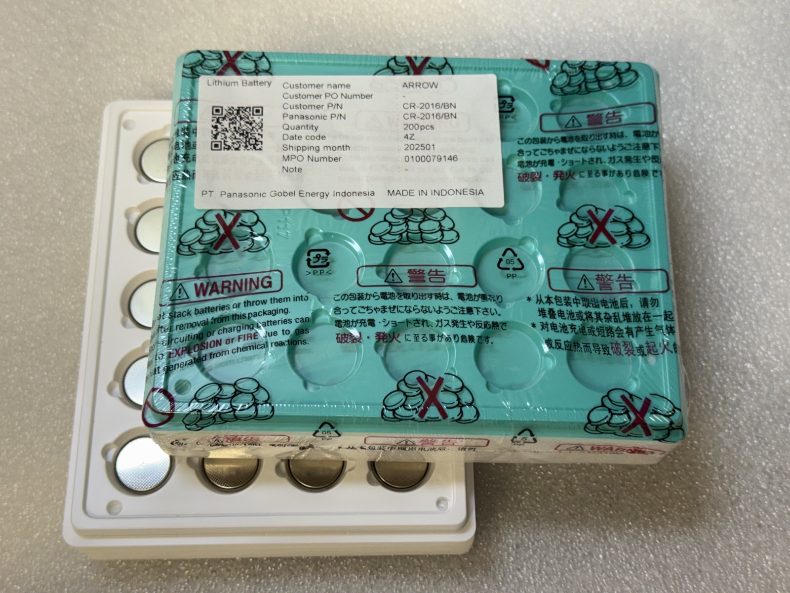 CR2016 Panasonic Industrial Battery Coin Cell (CR-2016/BN). Lithium 3V, 90 mAH