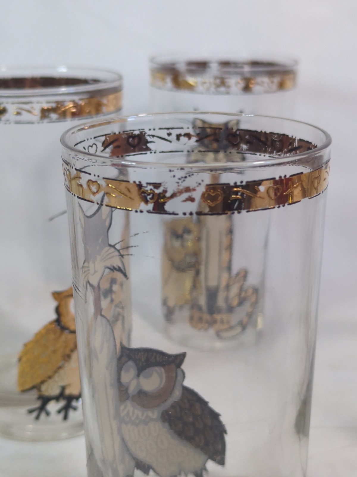 Vintage Culver 22K MCM Mid-Century Modern cat and Owl High ball glass set of 8