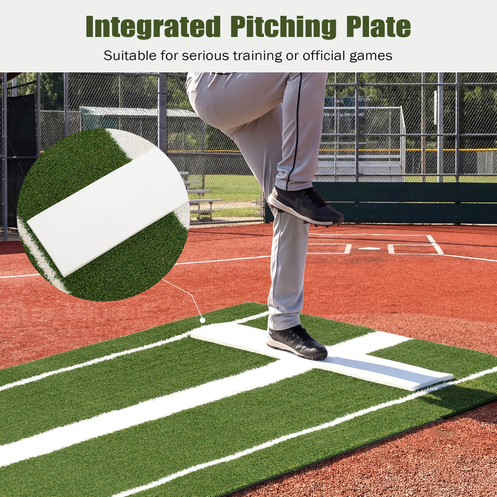 Softball Pitching Mat w/Pitching Mound, Anti-Fade Turf & Anti-Slip Foam Backing
