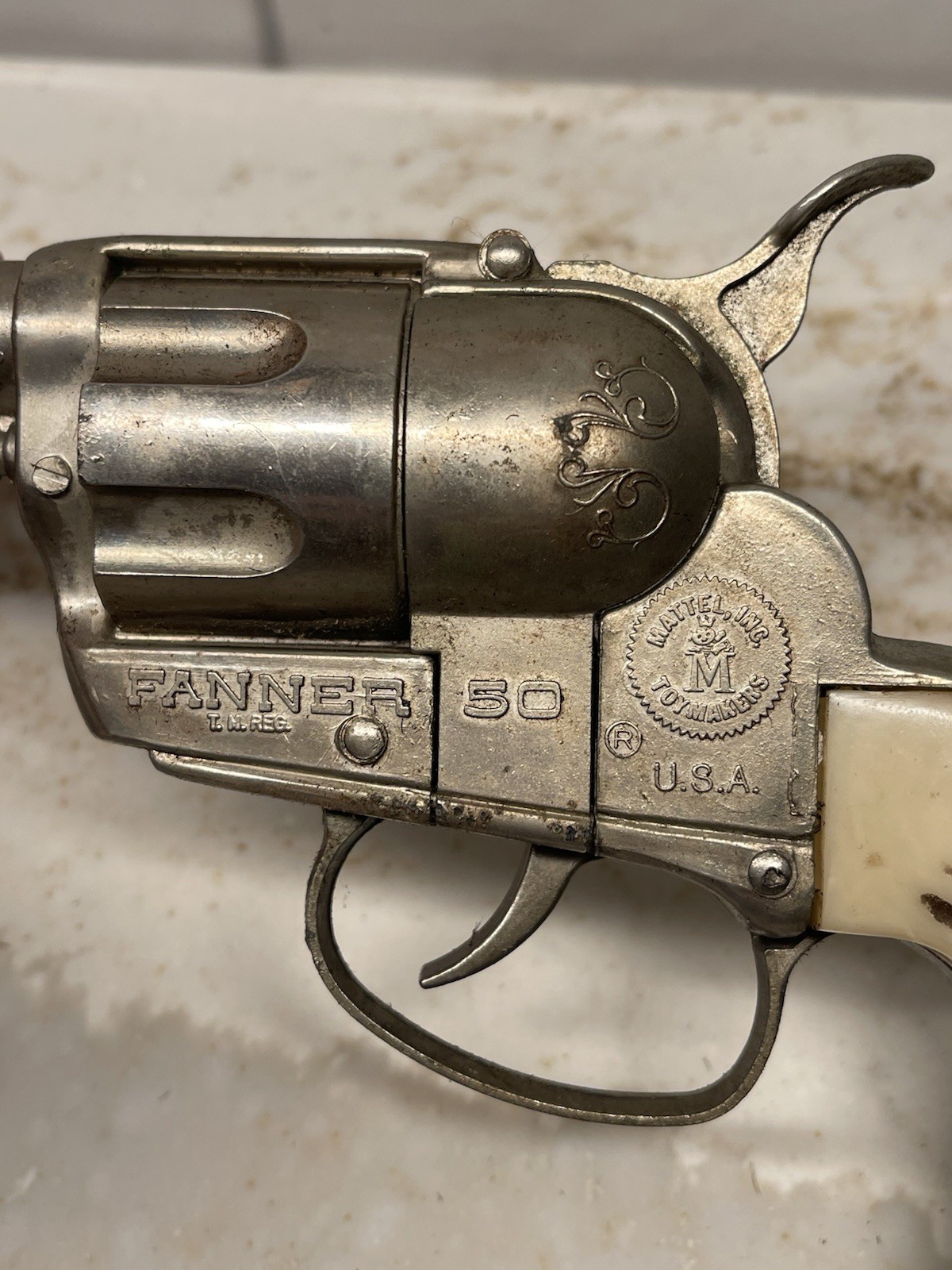 1960s VTG Mattel Fanner 50 Toy Cap Replica Gun Used Leather Holster MADE IN USA