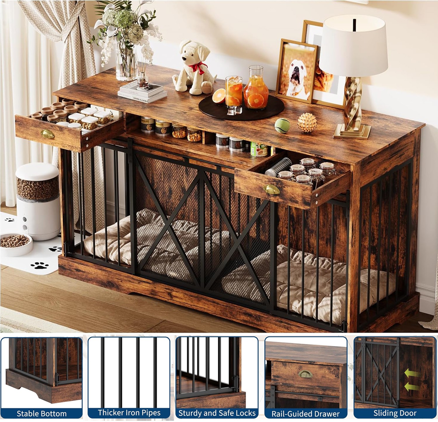 63 inch Wooden Double Dog Crate Dog Kennel Furniture TV Stand w/Divider& Drawers