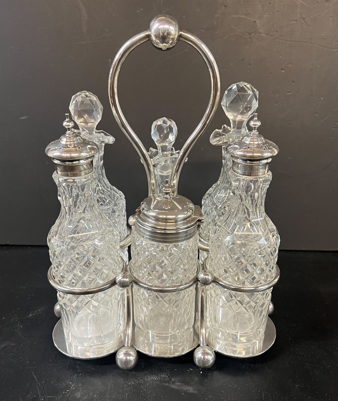 Victorian Silver Plated Martin Hall & Co Cut Glass Cruet Condiment Set c1880