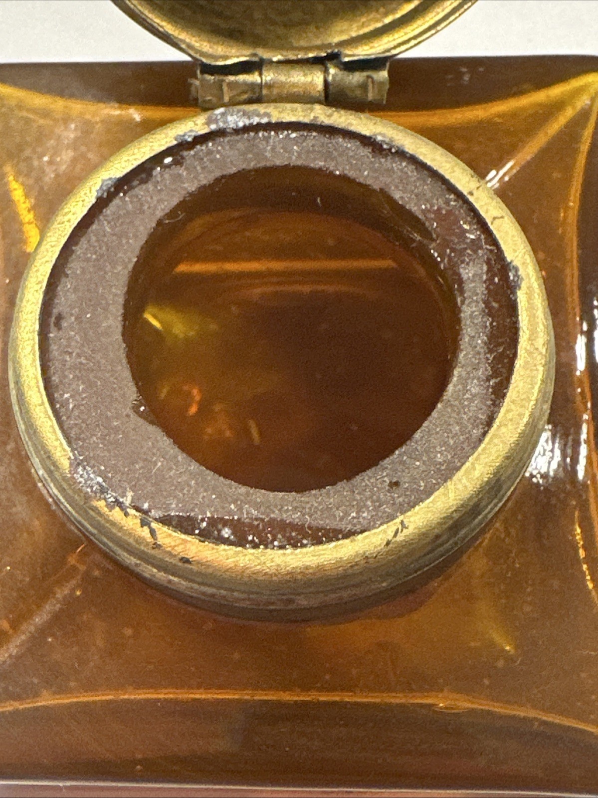 Vintage Amber Glass Inkwell with Brass Cap - Small Collectible Ink Pot