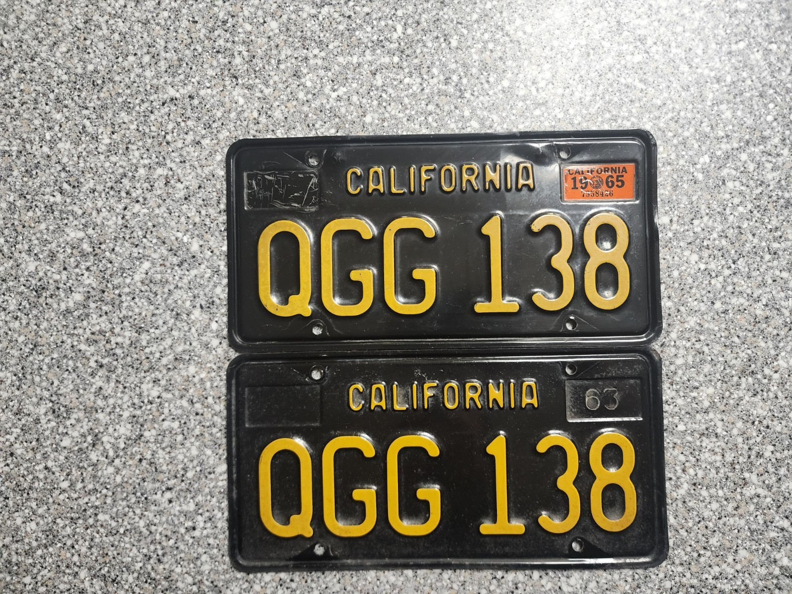 1963 Black California License Plates, 1965 Validation Sticker, DMV Clear, VG