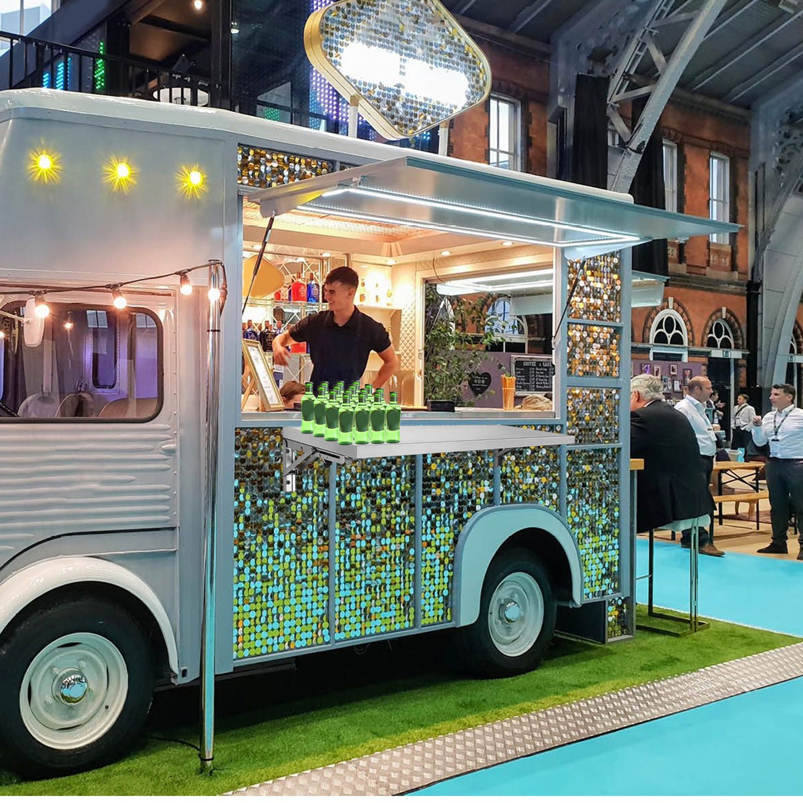 Folding Concession Shelf 70" x 12", Stainless Steel Drop Down Food Serving Stand