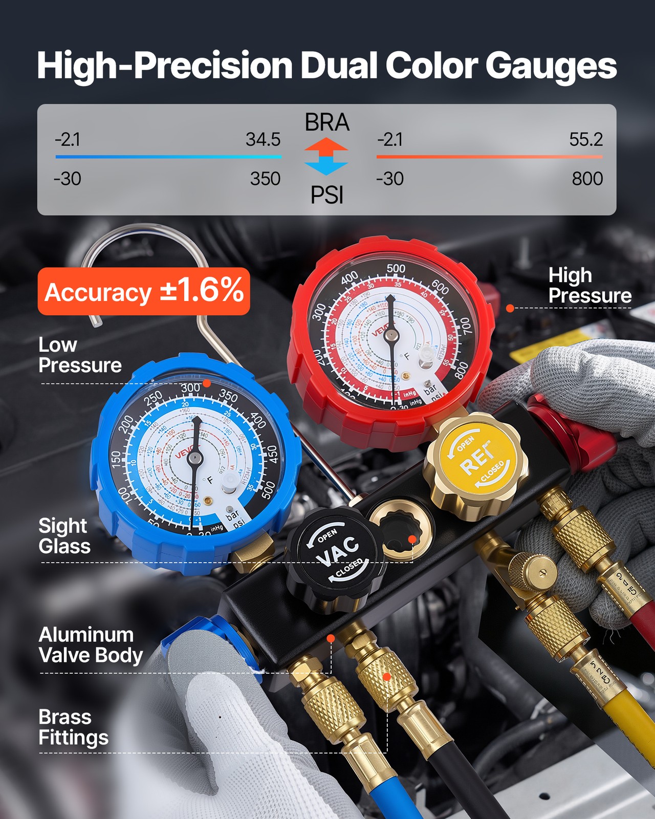 VEVOR AC Manifold Gauge Set 4-Way R134a R404A R1234yf R22 Refrigeration Charging
