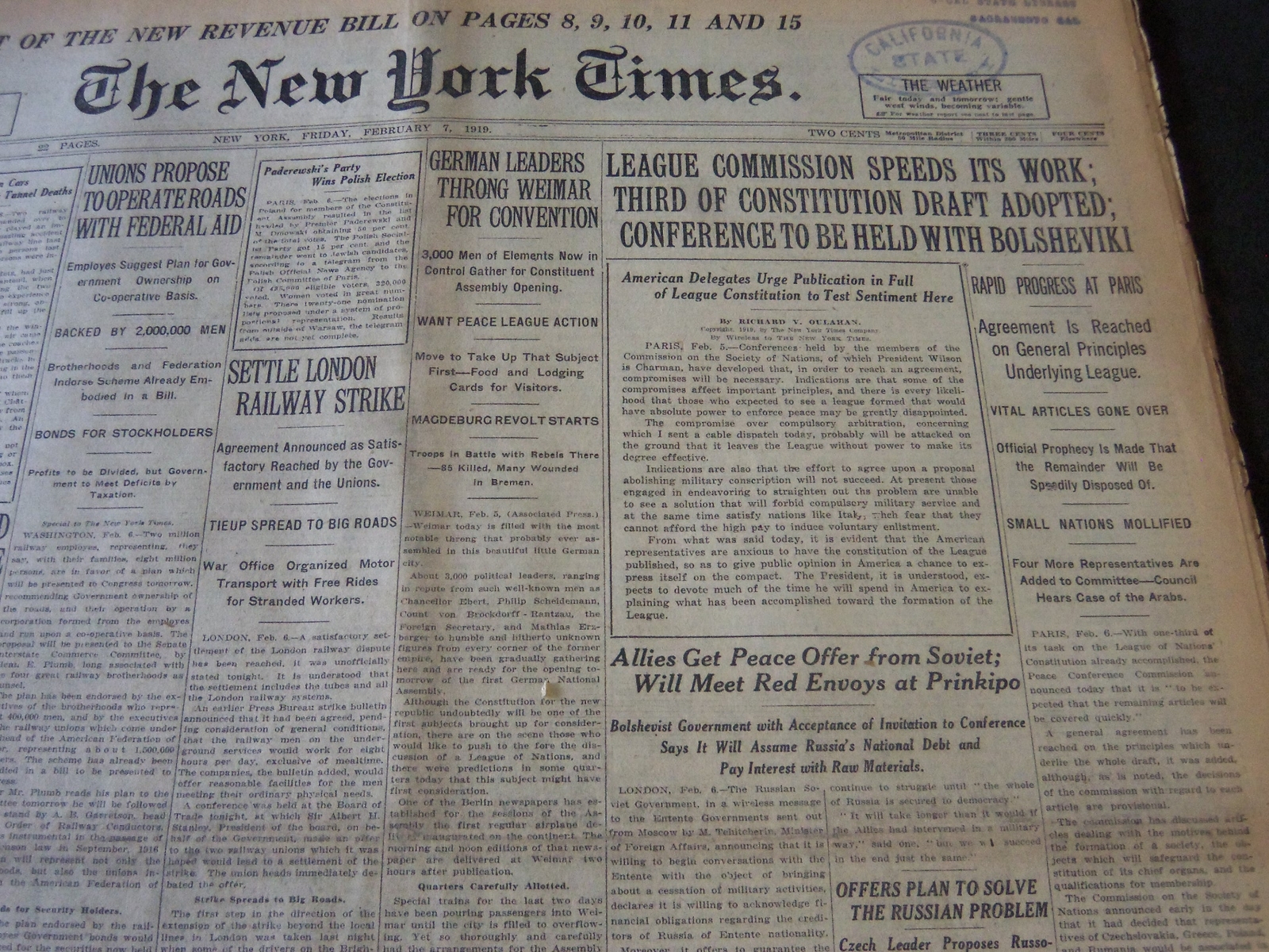 1919 FEBRUARY 7 NEW YORK TIMES - LEAGUE COMMISSION SPEEDS ITS WORK - NT 6199