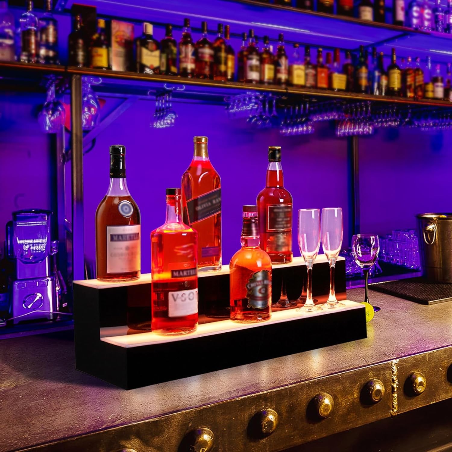 2-Tier LED Lighted Liquor Shelf 24" Acrylic Wine Rack Bottle Display Shelves