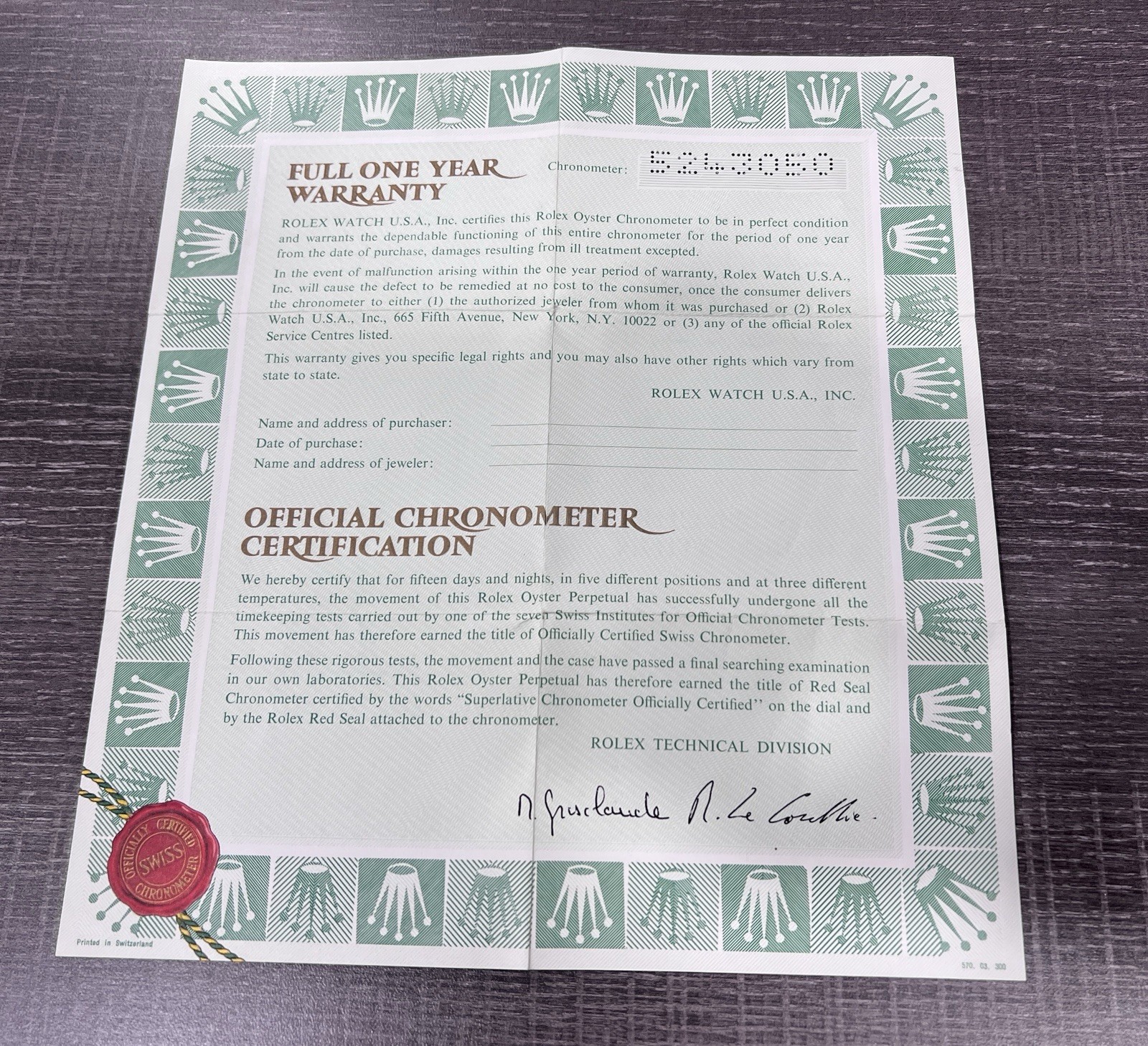 Rolex Official Watermark Certification Guarantee Blank 570.03.300 Warranty 1970s